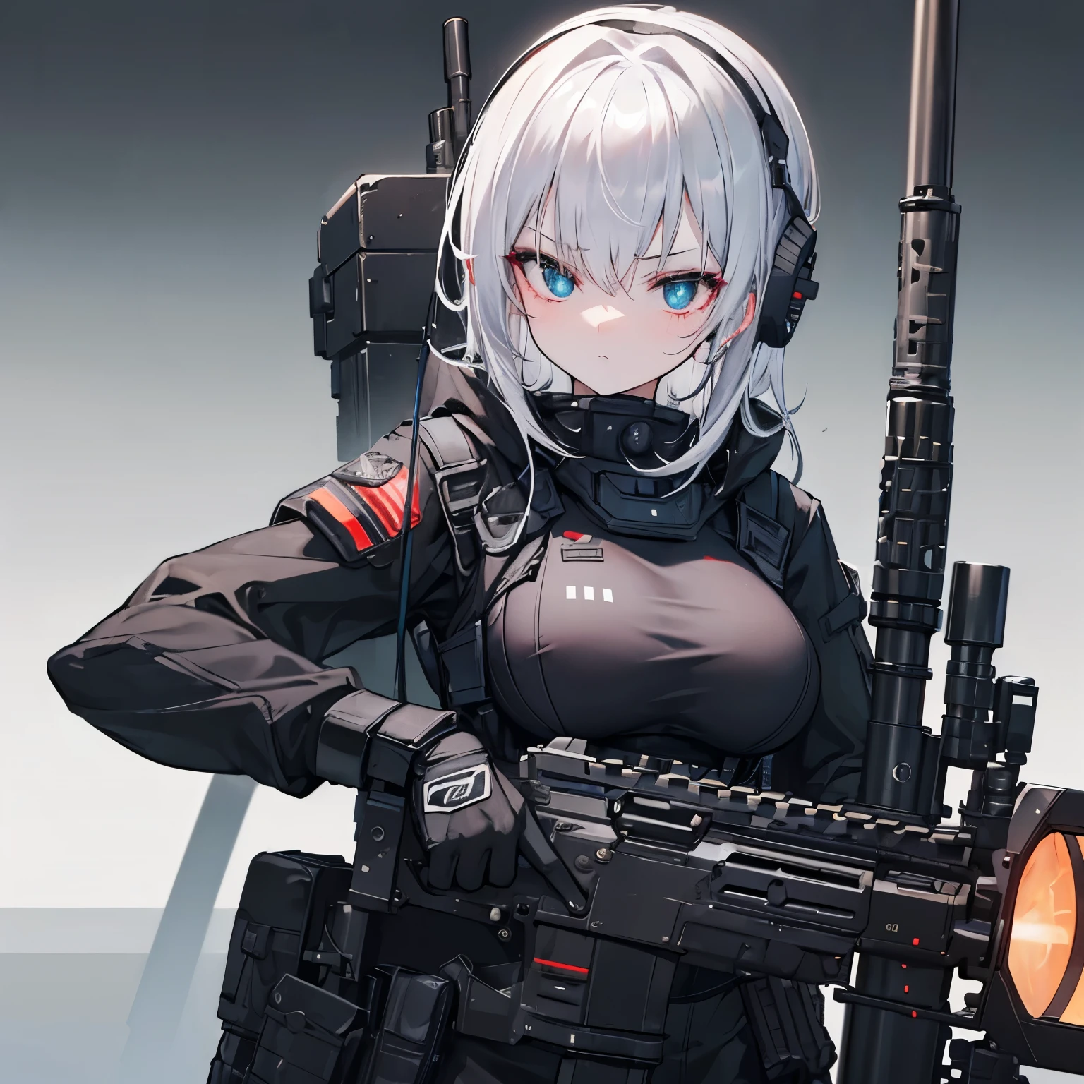 best quality,masterpiece,ultra detailed,Add layer,detailed eyes,slim,skinny,slim legs,(small hips),(solo),
,(huge breasts:1.3),
(hair over eyes),((chignon)),short hair,dark gray hair,wavy hair,silky hair,
green eyes,((droopy eyes)),
cherry pink lip,
BREAK,
Girl shooting automatic rifle, (looks into sight), finely drawn automatic rifle, bulletproof suit, (turn towards the viewer), syncs body orientation and gaze, dynamic angle, serious expression, battle, war,calm and serious expression,