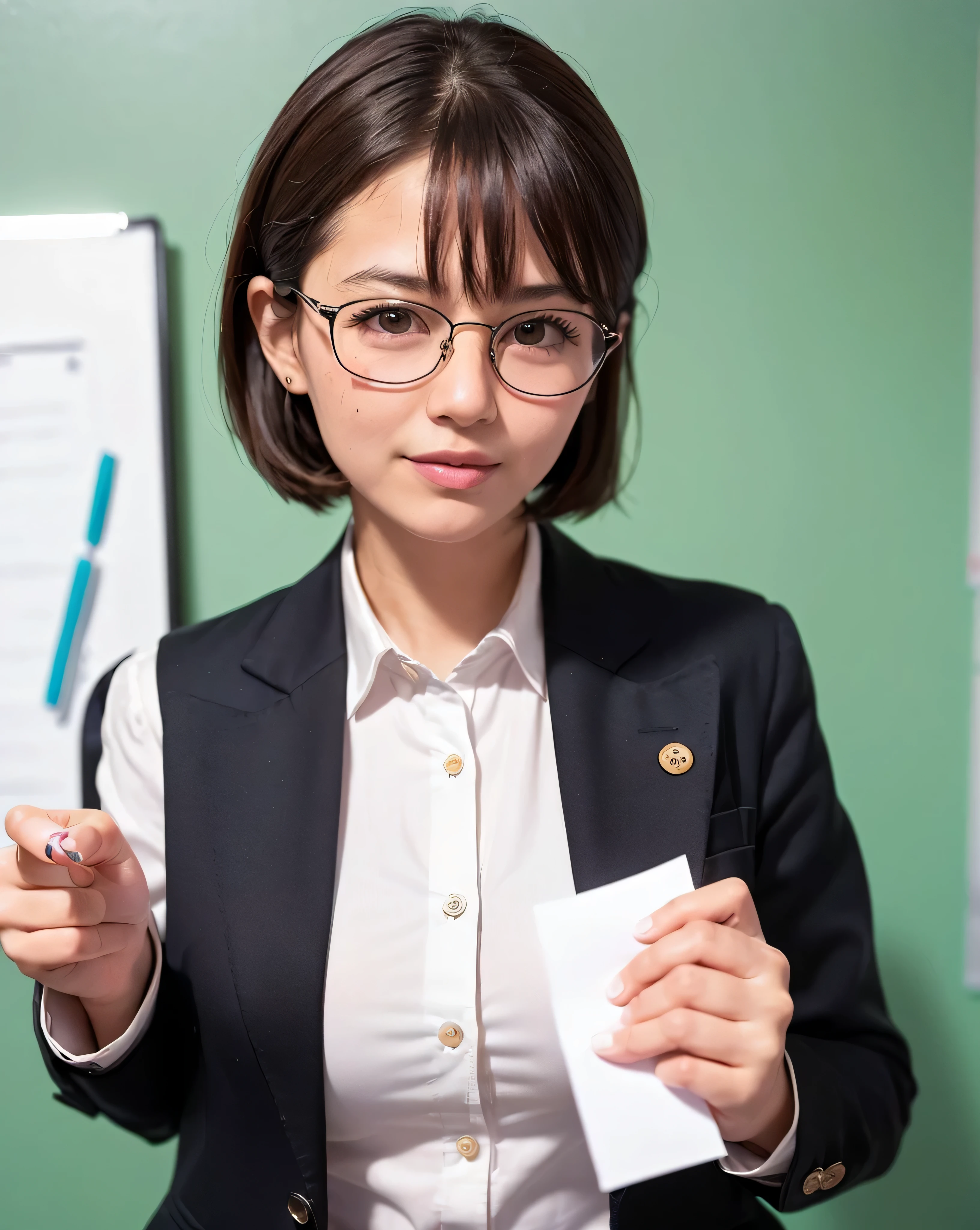 best quality, face focus, soft light, (depth of field) ,ultra high res, (photorealistic:1.4), RAW photo, (portrait:1.4) ,(from front) 1japanese girl, solo, cute, (shy, smile:1.1), (brown eyes), detailed beautiful face, (short_hair ),((office_working:1.4)),(tailored_Blazer_dress_white button up shirts_black rim glasses:1.5),(Office_trabalhado_Background:1.4),((office_near the white board_explaining some projects_pointing white board:1.4))((turning her face toward white board:1.3))