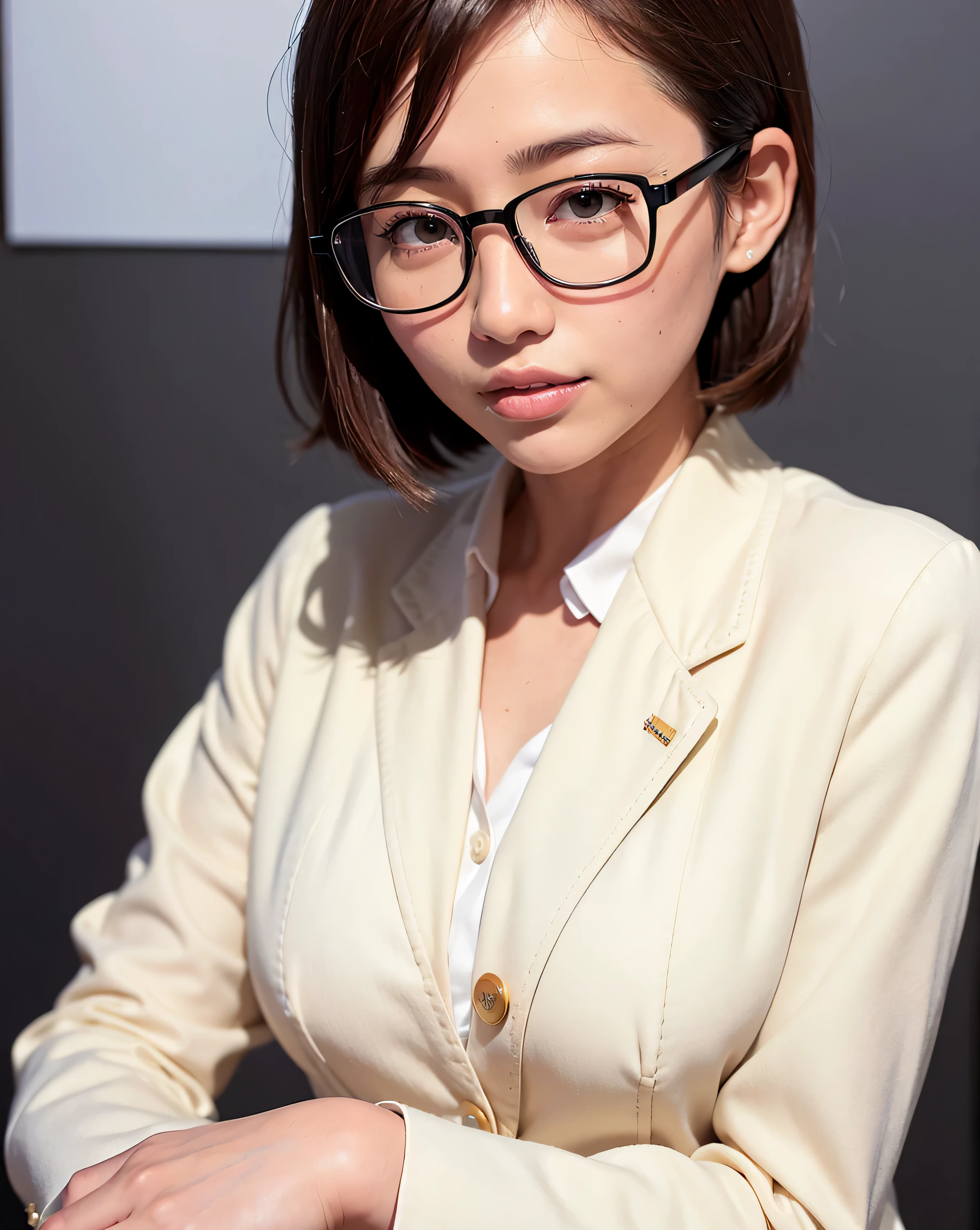 best quality, face focus, soft light, (depth of field) ,ultra high res, (photorealistic:1.4), RAW photo, (portrait:1.4) ,(from front) 1japanese girl, solo, cute, (shy, smile:1.1), (brown eyes), detailed beautiful face, (short_hair ),((office_working:1.4)),(tailored_Blazer_dress_white button up shirts_black rim glasses:1.5),(pointed_mule:1.4),(Office_trabalhado_Background:1.4),