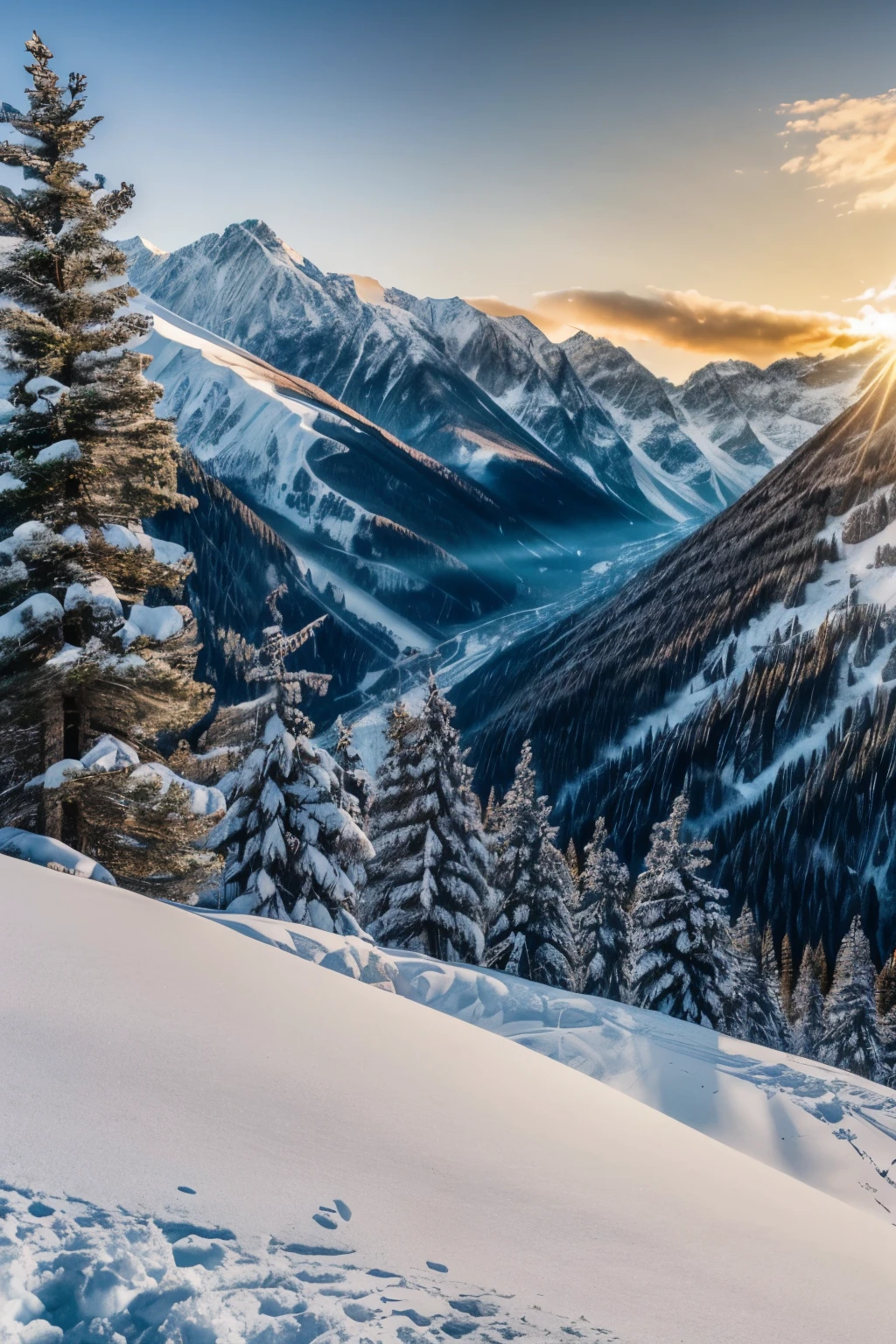 A breathtaking landscape of majestic mountains, with their towering peaks reaching for the sky, bathed in the warm glow of the bright sun. The vast expanse of blue sky stretches overhead, providing a stunning backdrop to this awe-inspiring scene. The natural beauty is captured in stunning detail, with every intricate feature of the mountains and the sky highlighted in high definition. The vibrant colors and textures are brought to life through the use of HDR technology, creating a truly realistic and immersive experience for the viewer. This professional photograph flirts with the observer, inviting them to immerse themselves in the serene and captivating atmosphere of this majestic mountain landscape.