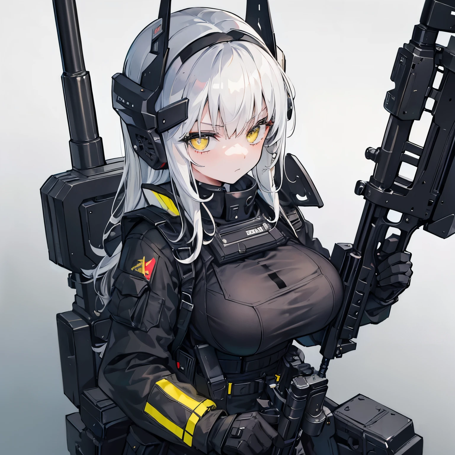 (((masterpiece))), ((4k)), swat, wearing black swat gear, heavy equipment, swat written on breastplate, wearing black swat helmet, a girl, holding AR-15 gun, looking through scope, yellow pupils, silver hair, ruthless expression