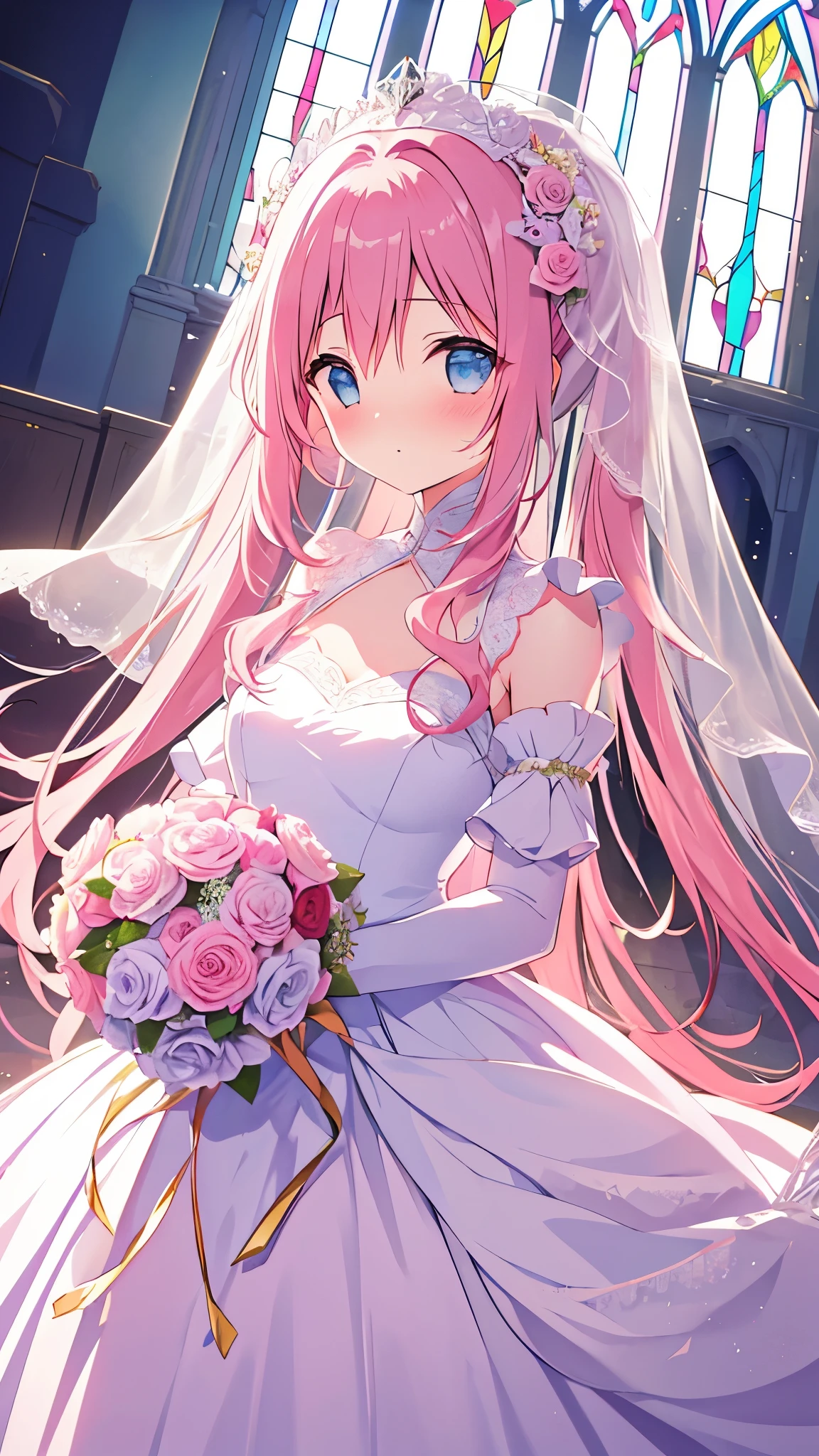 masterpiece、highest quality、church、Stained glass、fantasy、petal、wedding veil、girl、The hairstyle is long twin tails、pink hair、light blue eyes、big breasts、small person、cute、wearing a wedding dress、holding a bouquet of pink roses、