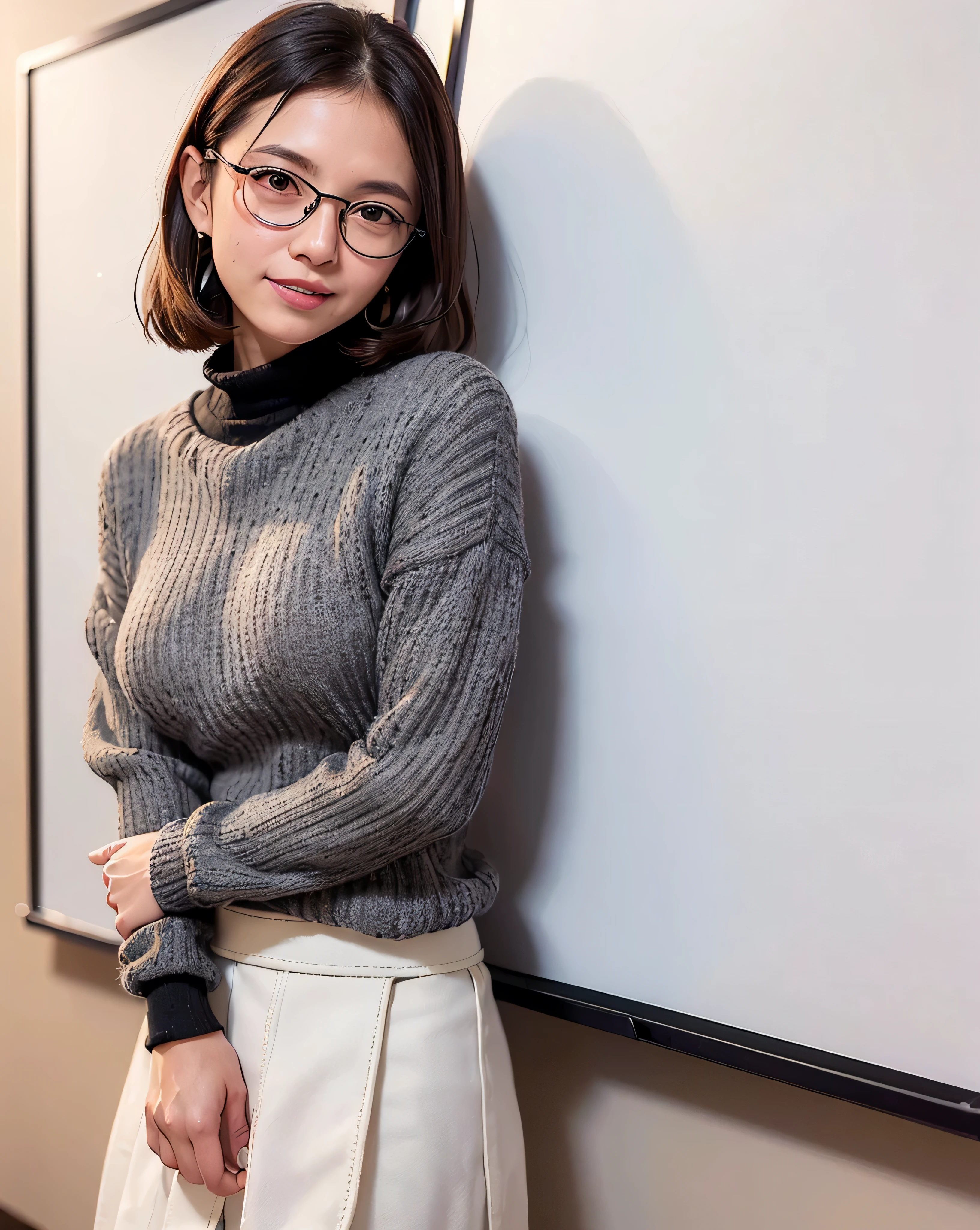 best quality, face focus, soft light, (depth of field) ,ultra high res, (photorealistic:1.4), RAW photo, (portrait:1.4) ,(from front) 1japanese girl, solo, cute, (shy, smile:1.1), (brown eyes), detailed beautiful face, (very short_hair ), ((grey coloured sweater_white coloured long skirt_wearing black rim glasses:1.4)),((office_near the white board_explaining some projects_pointing white board:1.4))((turning her face toward white board:1.3))