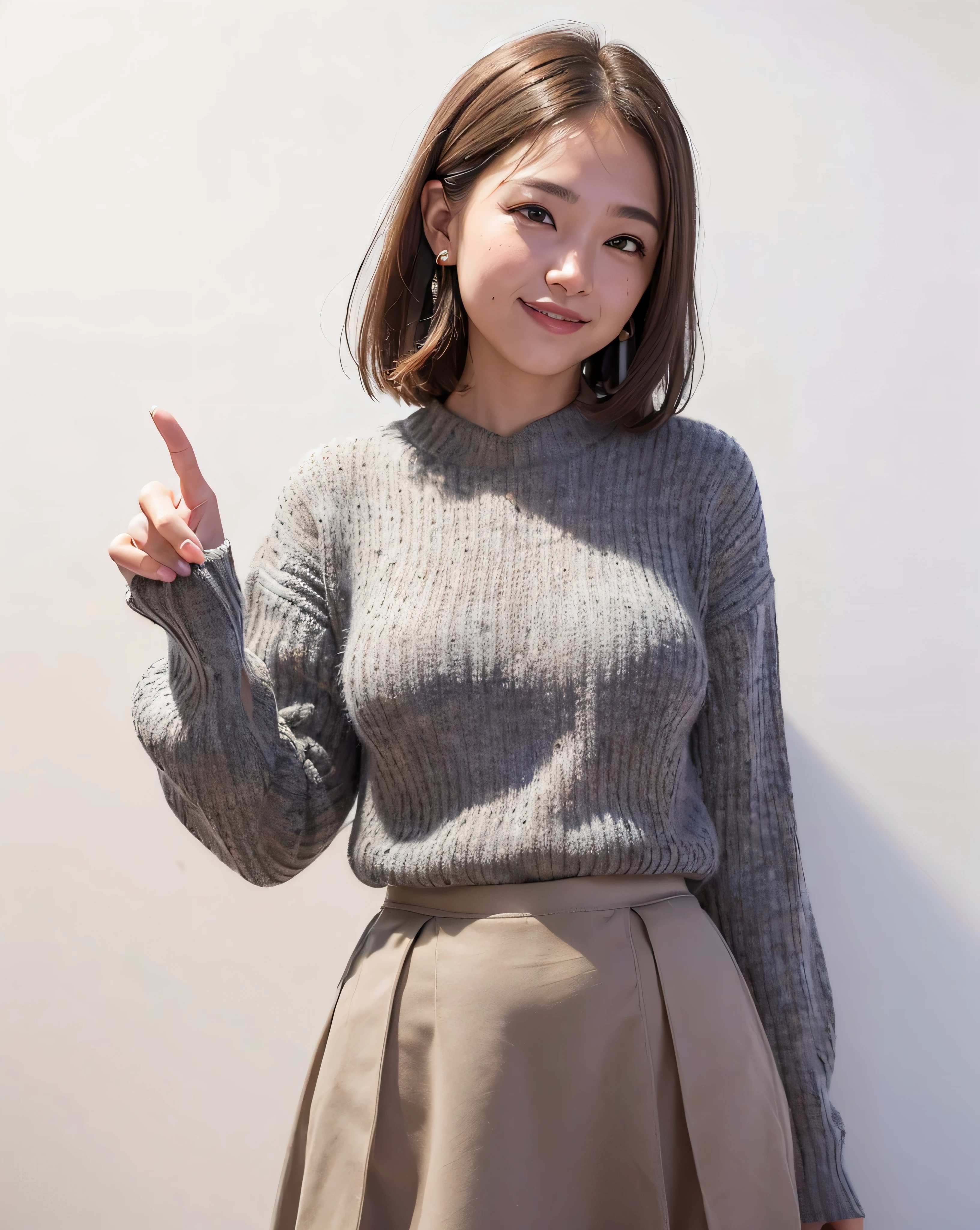 best quality, face focus, soft light, (depth of field) ,ultra high res, (photorealistic:1.4), RAW photo, (portrait:1.4) ,(from front) 1japanese girl, solo, cute, (shy, smile:1.1), (brown eyes), detailed beautiful face, (very short_hair ), ((grey coloured sweater_white coloured long skirt:1.4)),((office_near the white board_explaining some projects_pointing white board:1.4))((turning her face toward white board:1.3))