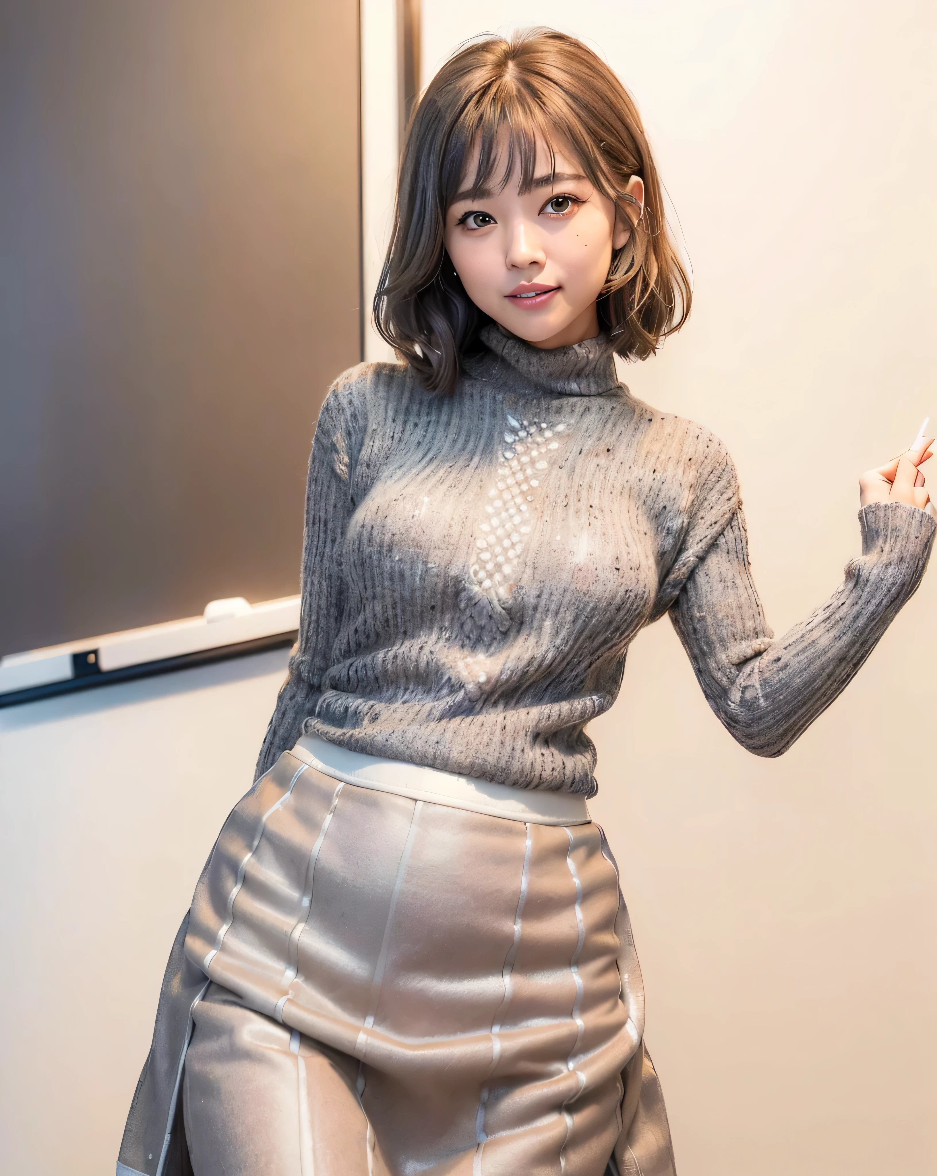 best quality, face focus, soft light, (depth of field) ,ultra high res, (photorealistic:1.4), RAW photo, (portrait:1.4) ,(from front) 1japanese girl, solo, cute, (shy, smile:1.1), (brown eyes), detailed beautiful face, (very short_hair ), ((grey coloured sweater_white coloured long skirt:1.4)),((office_near the white board_explaining some projects:1.4))