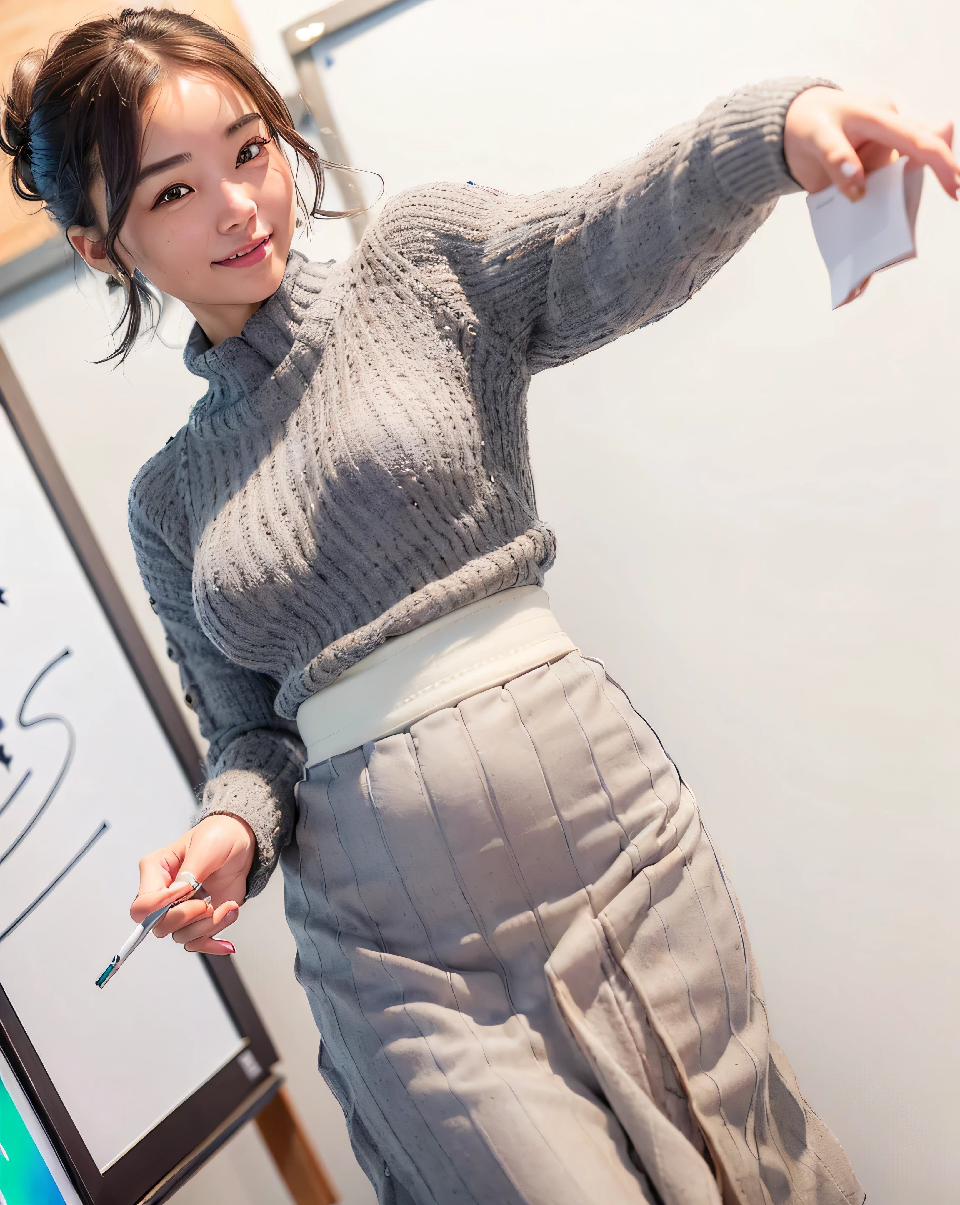 best quality, face focus, soft light, (depth of field) ,ultra high res, (photorealistic:1.4), RAW photo, (portrait:1.4) ,(from front) 1japanese girl, solo, cute, (shy, smile:1.1), (brown eyes), detailed beautiful face, (very short_hair ), ((grey coloured sweater_white coloured long skirt:1.4)),((office_near the white board_explaining some projects_pointing white board:1.4))