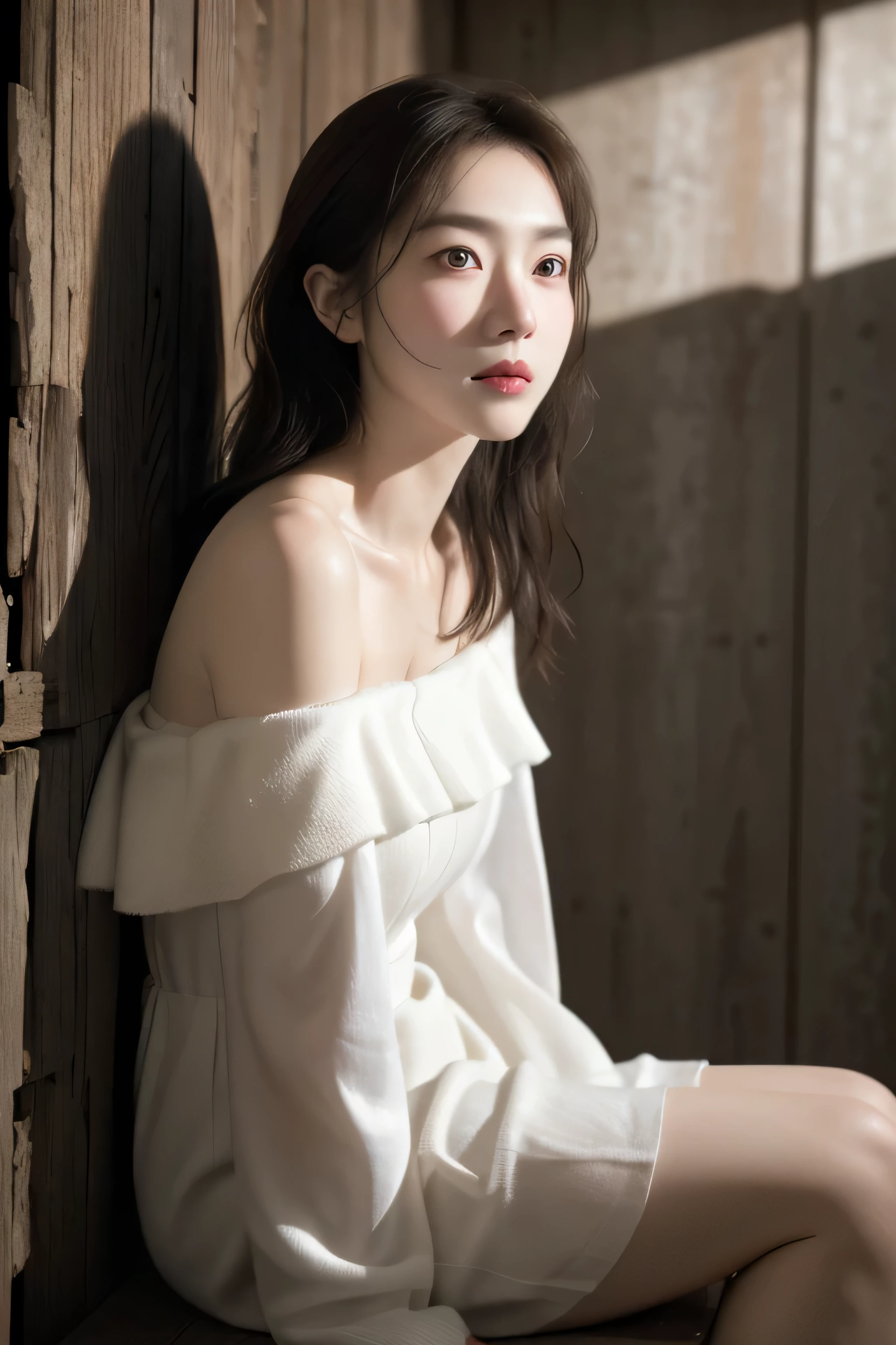 best quality, masterpiece, ultra high resolution, (lifelike:1.4), original photo, (lifelike的皮肤纹理:1.3), (film grain:1.3), panoramic, portrait, very wide lens, Yao Liu, cowboy shooting, (in the darkness, deep shadow, low profile, cold light,) night, close up, burst into tears, indoor, dust, Tyndall effect, sad, Disappointed, Gloom (Express), sitting, (leaning against wall), cry, frown, (bow your head), nervous, Torre, , 1 girl, Beautiful and detailed eyes and face, white jabot, take off shoulders, brown eyes,