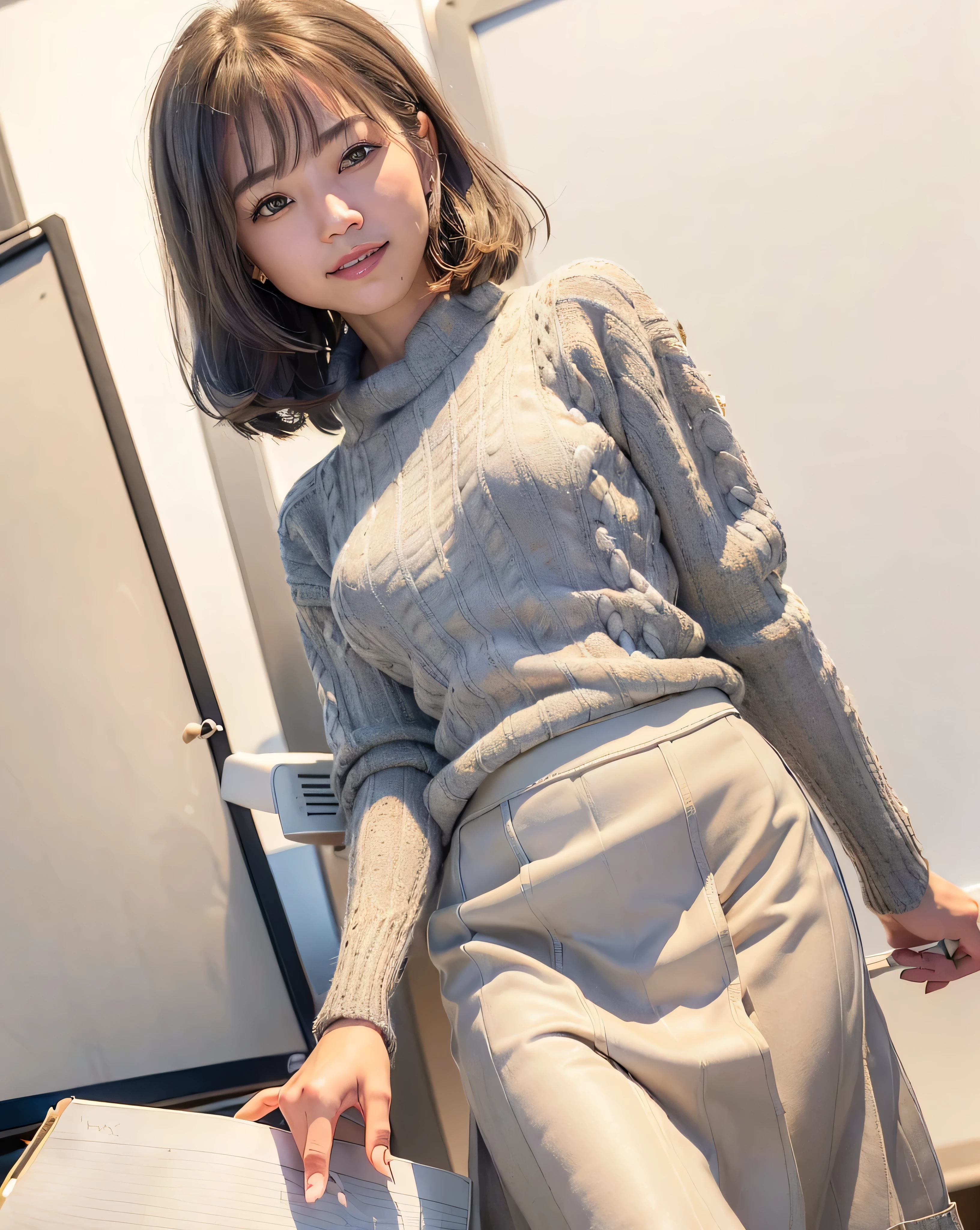 best quality, face focus, soft light, (depth of field) ,ultra high res, (photorealistic:1.4), RAW photo, (portrait:1.4) ,(from front) 1japanese girl, solo, cute, (shy, smile:1.1), (brown eyes), detailed beautiful face, (very short_hair ), ((grey coloured sweater_white coloured long skirt:1.4)),((office_near the white board_explaining some projects:1.4))