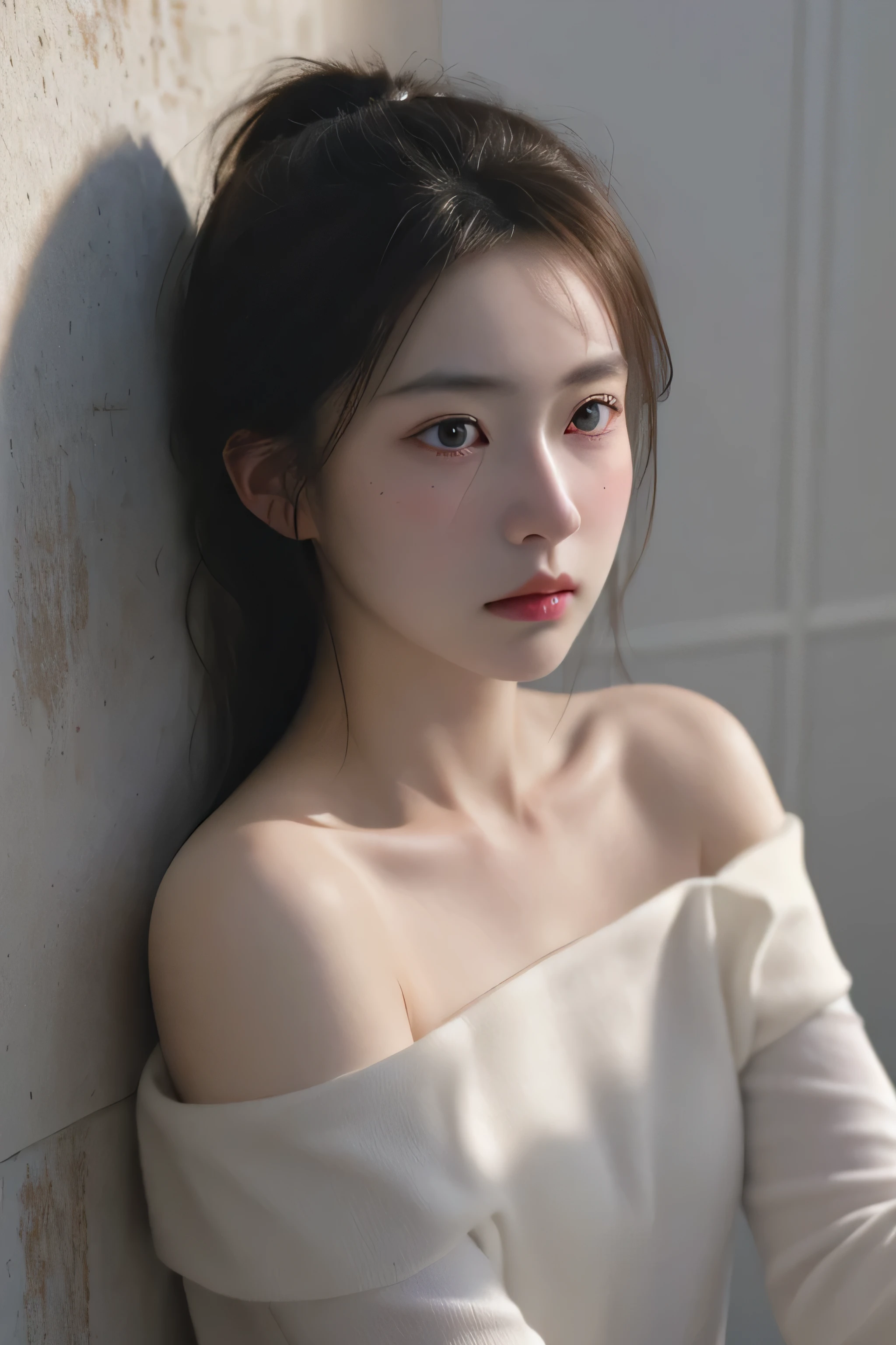 Best quality, masterpiece, ultra high res, (photorealistic:1.4), raw photo, (Authentic skin texture:1.3), (film grain:1.3), panorama, character portrait, very wide shot, narrow waist, cowboy shot, (in the dark, deep shadow, low key, cold light,) night, close-up, streaming tears,
indoor, dust, Tyndall effect, sad, disappointed, gloom (expression), sitting, (against wall), crying, frown, (head bowed), nervous, tearing up, lonely,
1girl, beautiful detailed eyes and face, white jabot, off shoulder, brown eyes,