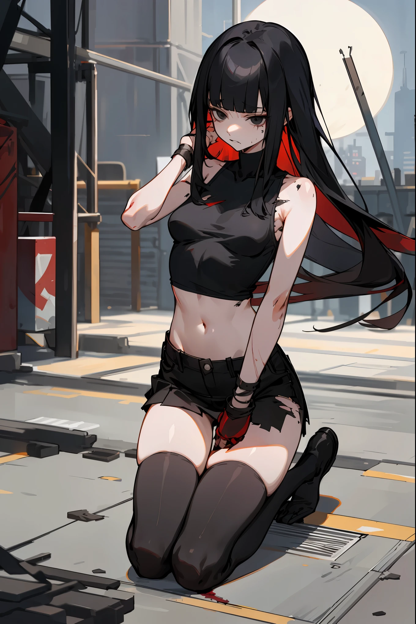 nsfw,1woman,solo,Perfect Anatomy,20year old beauty、black hair,long  hair,blunt  bangs,black eyes,slender body, smaller head、ideal ratio body proportions,medium breasts,(injury、red bruise:1.2.bleed),punk rock fashion、painful expression、torn clothes、Black tank top、Navel is visible、black leather micro miniskirt、thigh_gap, black_thighhighs,kneeling,blast、exploding building、Trade port、warehouses lined up、Warehouse district、Tokyo、at night、moonlight、