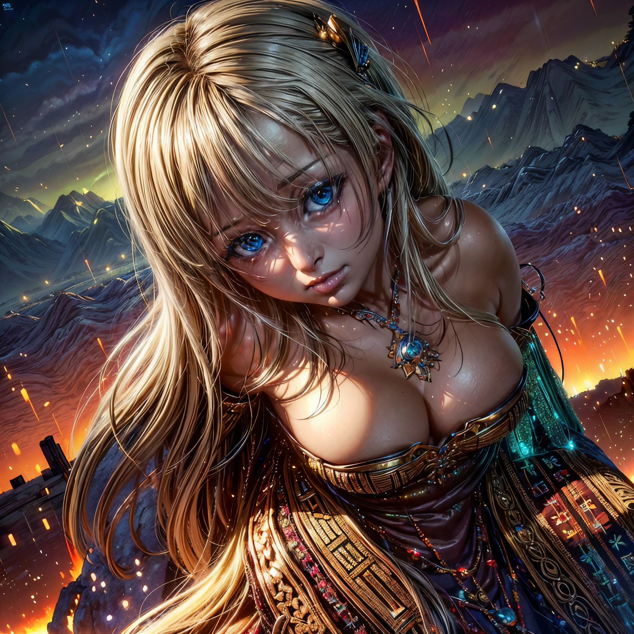 Stable Diffusion prompt: two sorceresses, big breasts, big hair, big hips, bejeweled bodies, henna mystic symbols, cast a ritual to summon a fiery tiger demon, set in ancient ruins, (best quality, 4k, 8k, highres, masterpiece:1.2), ultra-detailed, (realistic, photorealistic, photo-realistic:1.37), HDR, UHD, studio lighting, ultra-fine painting, sharp focus, physically-based rendering, extreme detail description, professional, vivid colors, bokeh, portraits, landscape, horror, anime, sci-fi, photography, concept artists, vibrant color palette, mystical light, eerie atmosphere