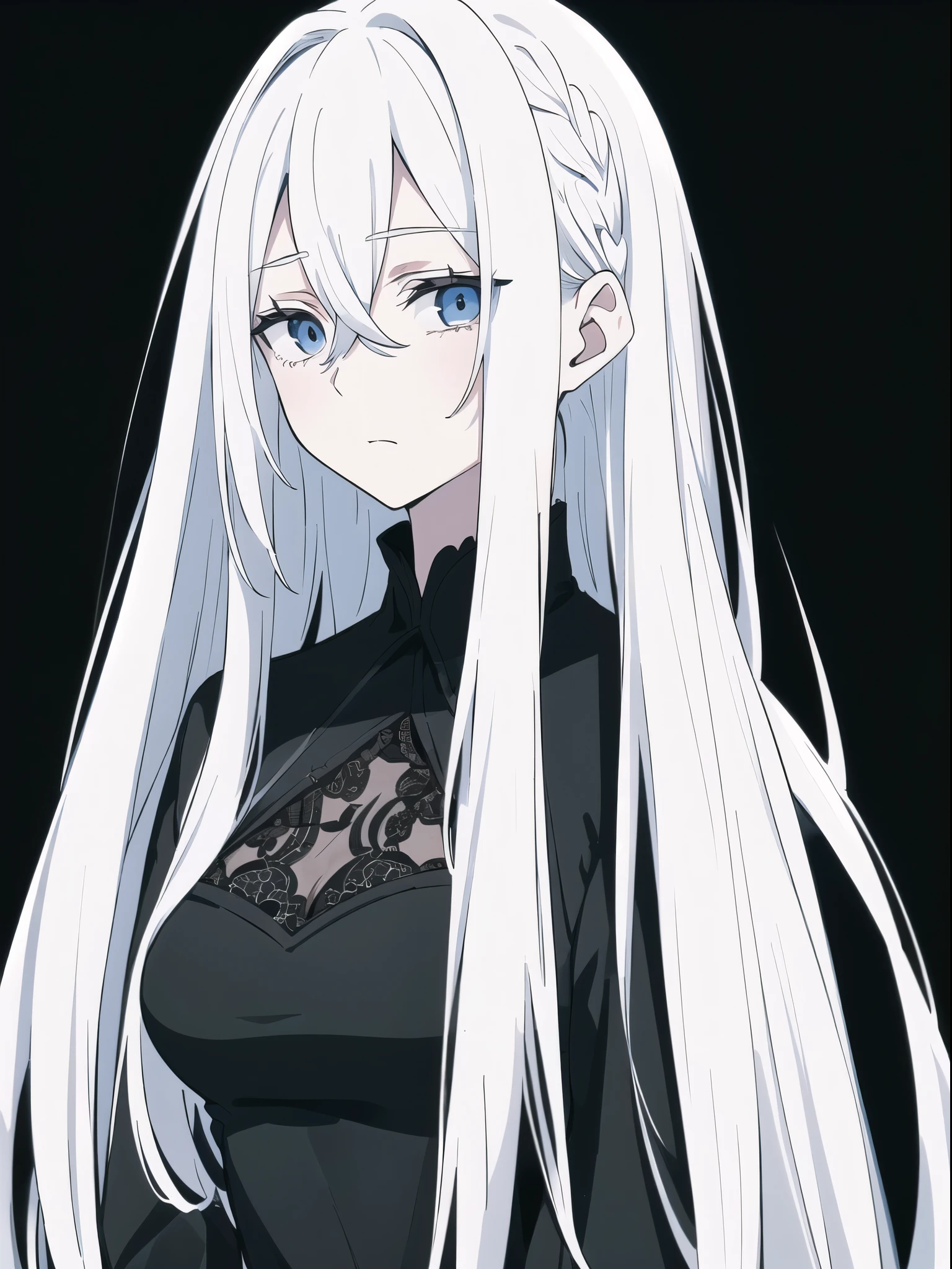 ((White hair)),((Head and Shoulders Image)),(super-long hair),Sexy,A person,Alone,Simple style,pancake ,Simple details,Black background,Empty background,Black background wall,(20 year old woman),(Droopy hair),(White Gloves),(Evening Gown),(Lace Shirt),Lace,(confidence)