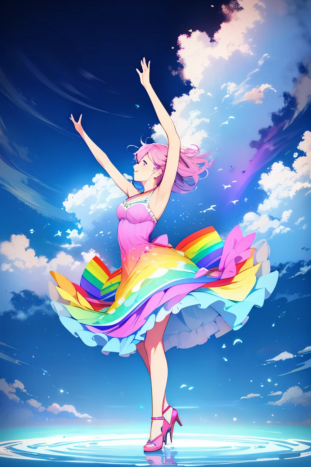 woman dancing, in a rainbow dress, dancing in the clouds, pastel colors, serene atmosphere.