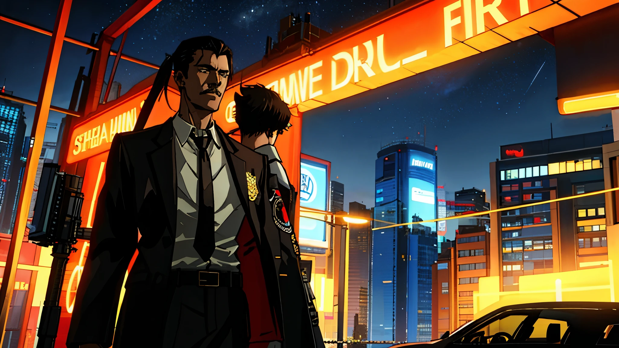 wide-shot, cool, a young man with medium-length black hair, brown eyes, earrings and a sword on his back, and a mustache wearing a suit and tie, standing in front of a futuristic cityscape with neon lights and flying cars, a contract with the Future Devil visible on his right eye, 8k, cyberpunk