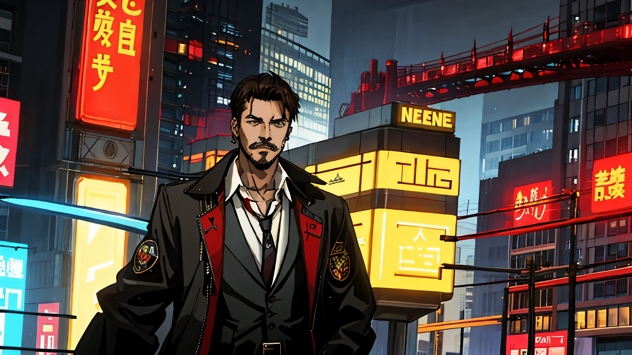 wide-shot, cool, a young man with medium-length black hair, brown eyes, earrings and a sword on his back, and a mustache wearing a suit and tie, standing in front of a futuristic cityscape with neon lights and flying cars, a contract with the Future Devil visible on his right eye, 8k, cyberpunk