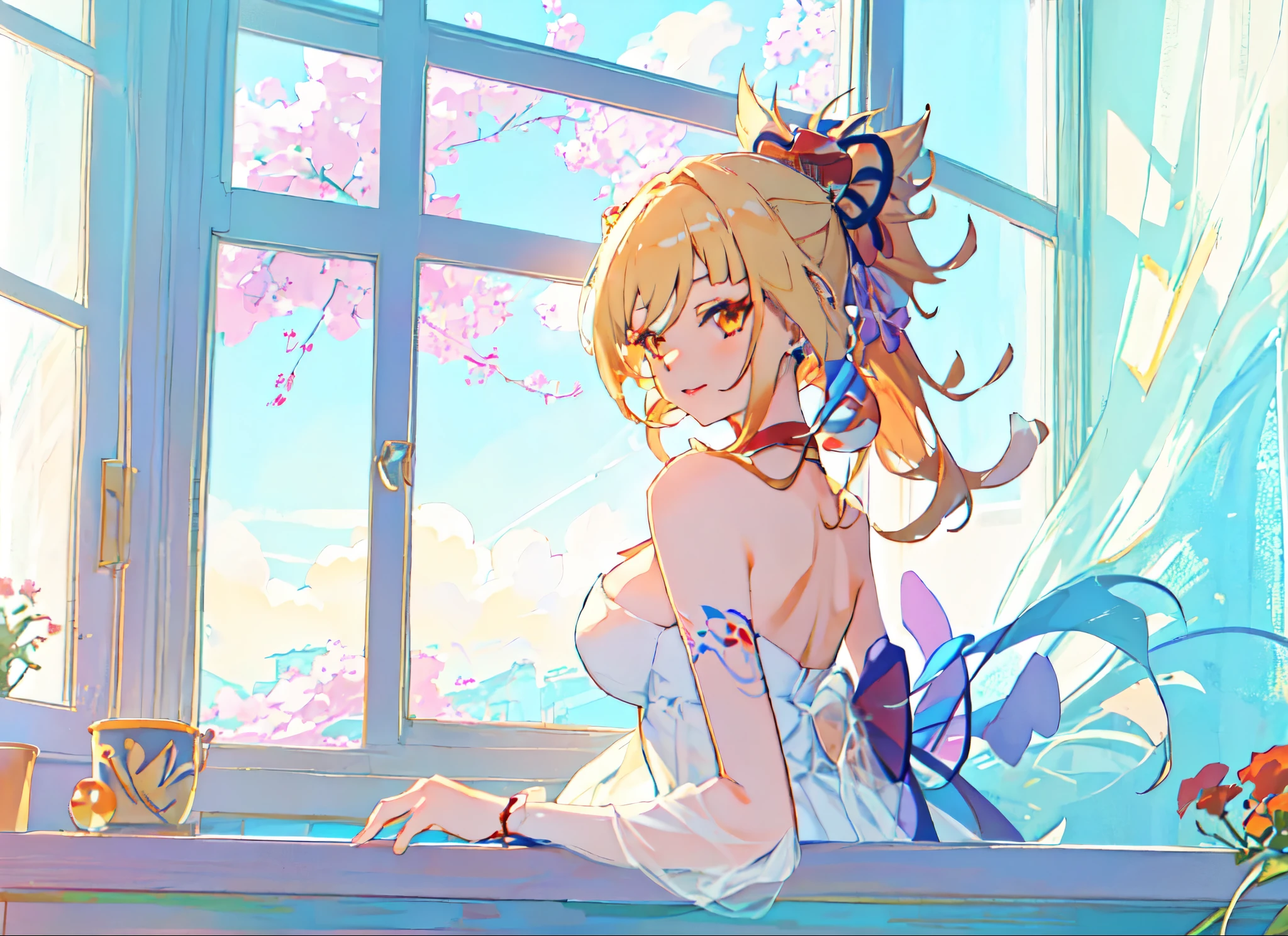 anime girl with long hair and big breast sitting on a window sill, seductive anime girl, anime moe artstyle,  in dress, small curvy , pretty anime girl, attractive anime girl, beautiful anime girl, top rated on pixiv, soft anime illustration, ahegao, anime style 4 k, azur lane style, cute anime waifu in a nice dress