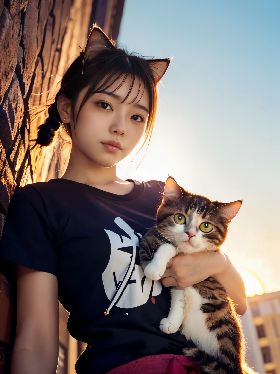 4K.HD. (Masterpiece, Best Quality, ) ,bokeh, a girl, Light brown beautiful hair, Light brown eyes, Plump breast, Blushed face, (cat ear:1.2), colourful t-shirt,  (Japanese idle:1.6), holding a pretty cat,   Looking at the viewer, (background is sunset wall street:1.4), (From below:1.6), cowboy shot