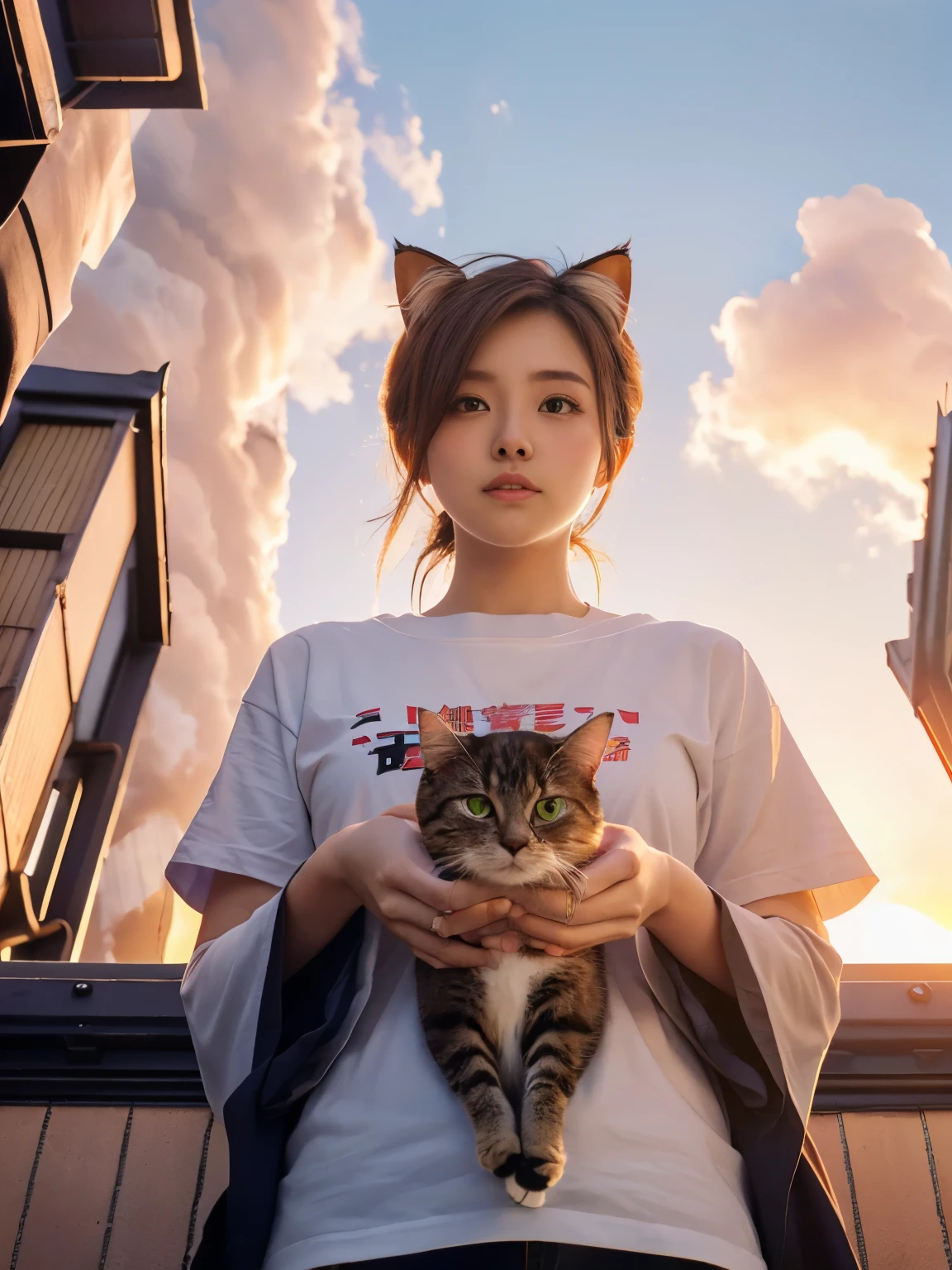 4K.HD. (Masterpiece, Best Quality, ) ,bokeh, a girl, Light brown beautiful hair, Light brown eyes, Plump breast, Blushed face, (cat ear:1.2), colourful t-shirt, (Japanese idle:1.6), holding a pretty cat, Looking at the viewer, (background is sunset wall street:1.4), (From below:1.6), cowboy shot