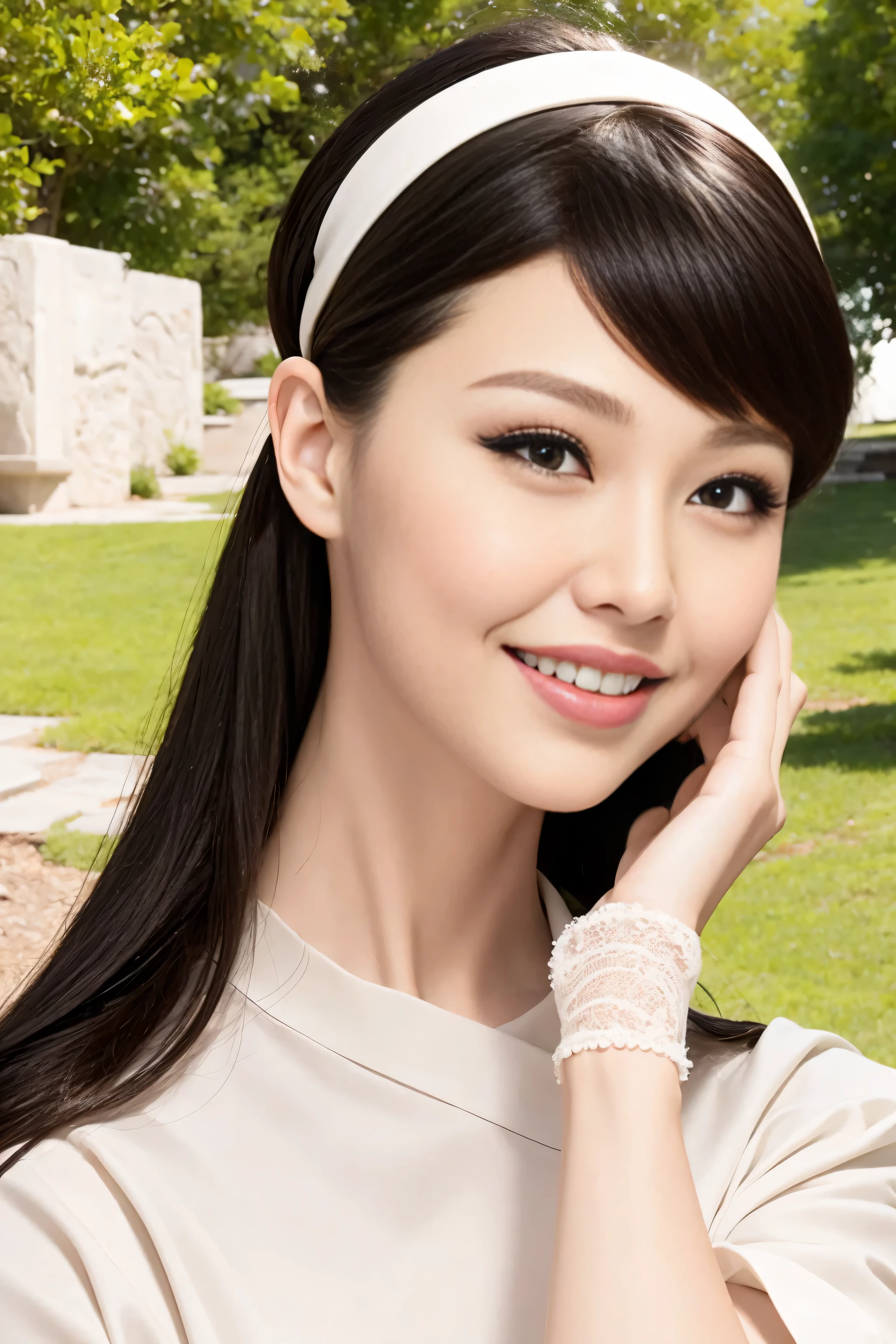 Fashion model 20 years old [[[[close up]]]], [[[[neck]]]], [[[[Shoulder]]]], perfect eyes, perfect iris，perfect lips，perfect teeth，perfect skin，White skin，Soft headlight，High density imaging review，long black hair，（Face is clear and delicate），white casual wear，The background is outdoor，green trees and grass，best quality，masterpiece，(((whole body image))),（pastel colors：1.2）