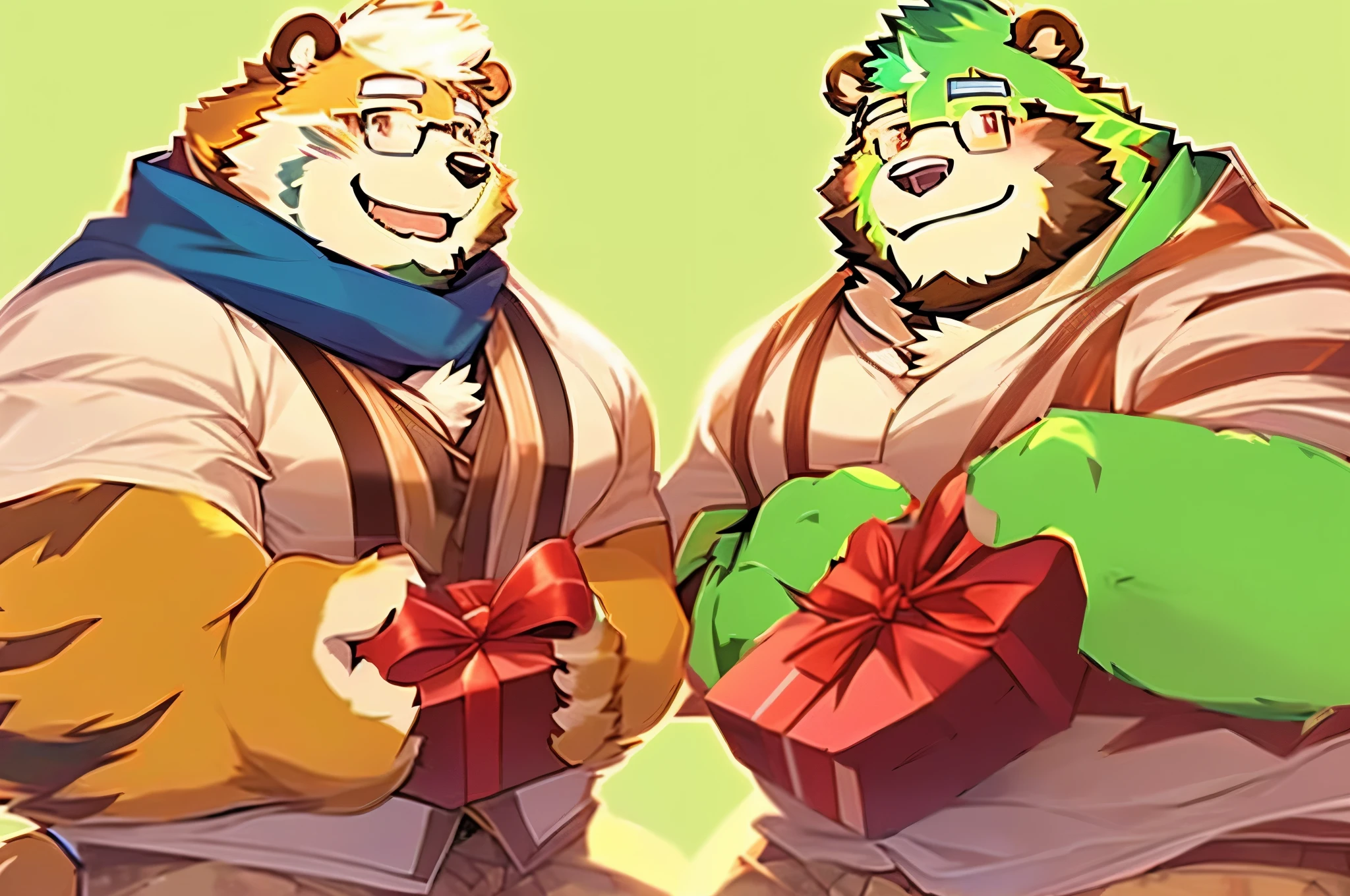 anime characters holding gifts and smiling at each other, jazza and rossdraws, buizel and human fusion, gifts, furry art, furry art!!!, giving gifts to people, petros and leonid, fursona furry art commission, fursona art, telegram sticker, furry anime, cute boys, furry fandom, rossdraws and jazza, presents, two men share the scarf with each other, happy expression, each hold a chocolate gift box for valentine, heartful expression, jinpei and kosutora, furry, 1bear, 1tiger, duo, simple background, lovely, smile, laugh, cute