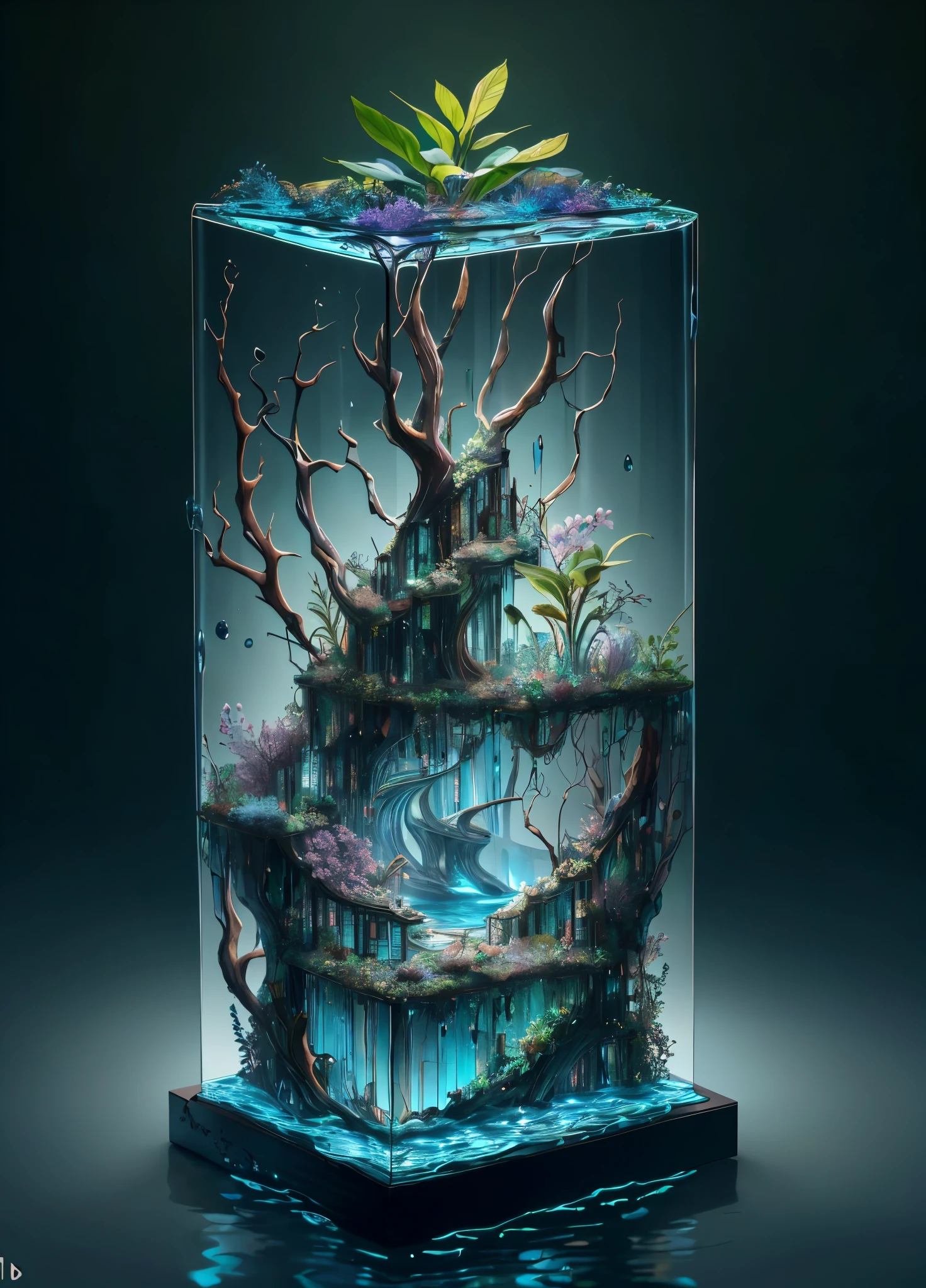masterpiece of glass sculpture with plants inside, water, glowing, fantasy, high quality, high detail, best quality, rtx, 4k, 8k,