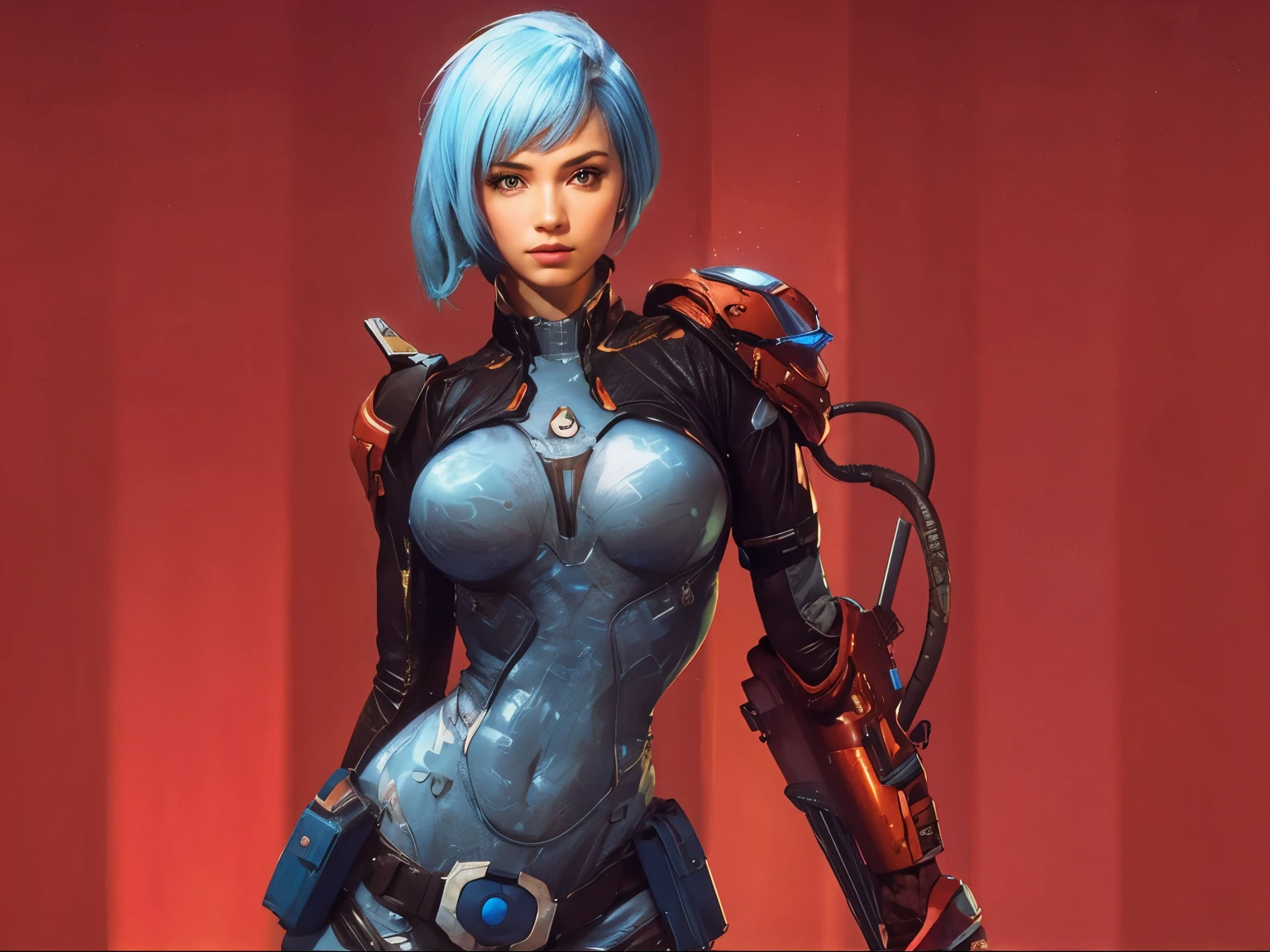 space gal in orange space suit, reloading after killing a space dragon, on a near lifeless alien desert planet.
