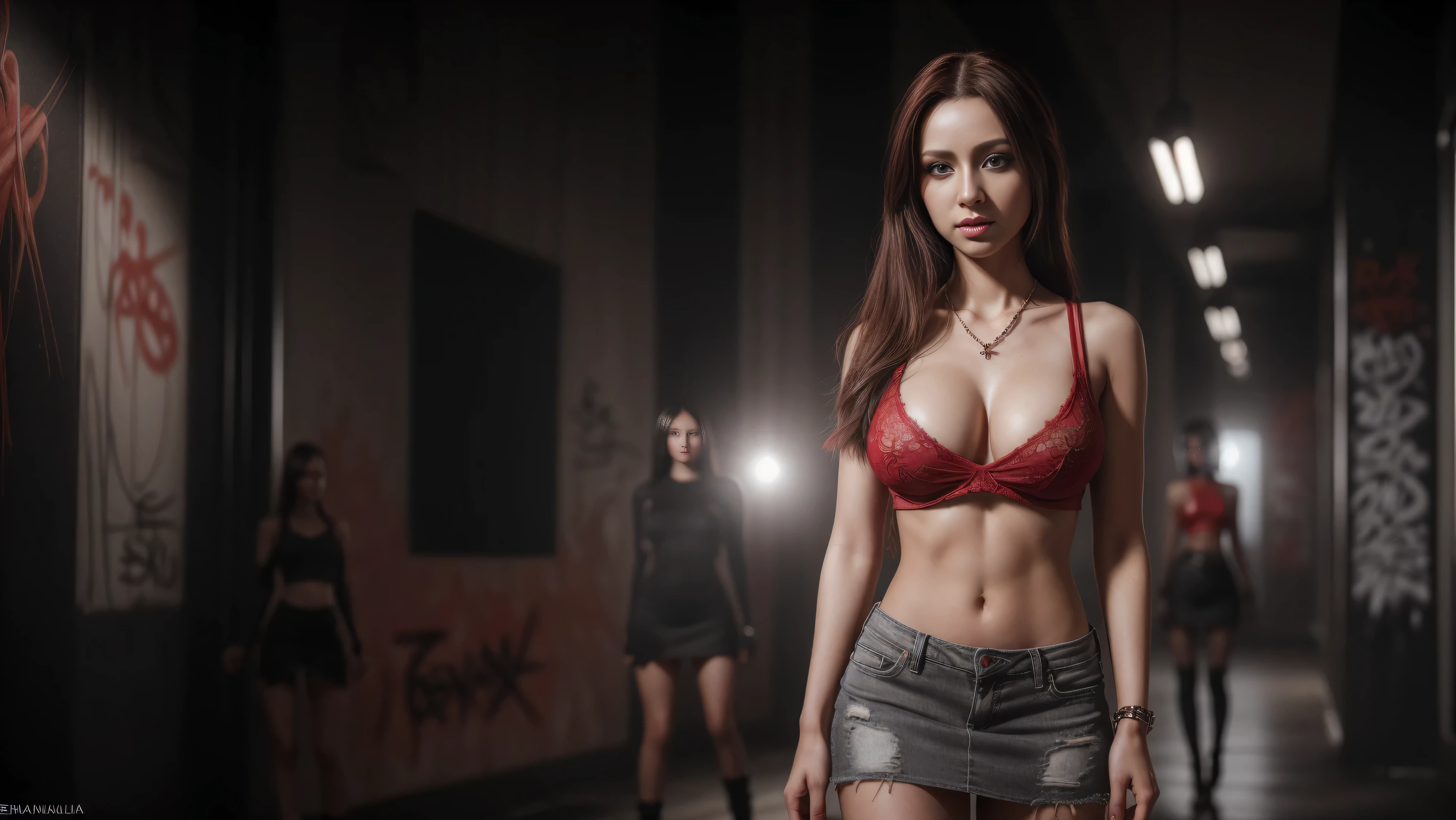 8k, masterpiece, RAW photo, best quality, photorealistic, extremely detailed CG unity 8k wallpaper, Depth of field, Cinematic Light, Lens Flare, Ray tracing, (extremely beautiful face, beautiful lips, beautiful eyes), intricate detail face, ((ultra detailed skin)), ((1girl:1.9)), ((alone:1.9)), ((seductively standing pose)), (fantasy art:1.2, beautiful and aesthetic:1.2), deep shadow, (sharp focus), [((Raiana-Elizabeth-Dilla:1.9))], pretty girl, (very slim slender fit-muscled body:1.9), ((beautiful legs:1.4)), (big smile:1), (sexy ((see-through)) ((ultra-short ((red:1.4)) punk-style clothes))), (seen at a glance without panty:1.4),((ultra-short miniskirt:1.4)),((ripped jeans miniskirt:1.4)),((graffiti art:1.4),(modern night life:1.9)), earrings, bracelets, necklace, red pendant, clear eyes, (pale skin), (face forward), ((whole-body-view)), ((full-body:1.8, cinematic shot)), soft lighting, (long black hairs), (looking at viewer:1.8), cleavage breasts, (large breasts:1.4), highly detailed, ultra realistic, extremely detailed and realistic ((red:1.5)) clothes.