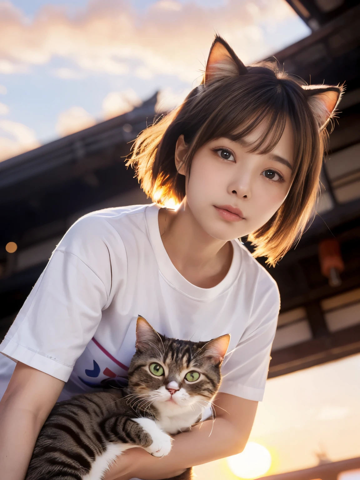 4K.HD. (Masterpiece, Best Quality, ) ,bokeh, a girl, Light brown beautiful hair, Light brown eyes, Plump breast, Blushed face, (cat ear:1.2), colourful t-shirt, (Japanese idle:1.6), holding a pretty cat, Looking at the viewer, (background is sunset main super market:1.4), (From below:1.6), cowboy shot