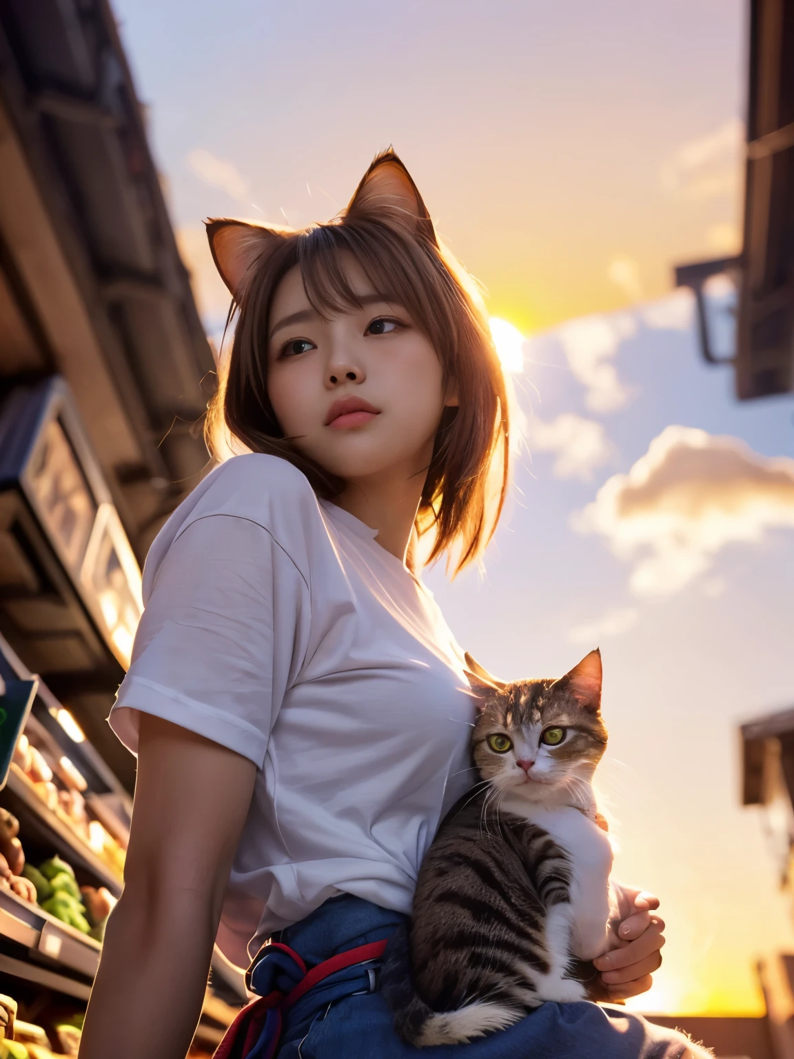 4K.HD. (Masterpiece, Best Quality, ) ,bokeh, a girl, Light brown beautiful hair, Light brown eyes, Plump breast, Blushed face, (cat ear:1.2), colourful t-shirt, (Japanese idle:1.6), holding a pretty cat, Looking at the viewer, (background is sunset main super market:1.4), (From below:1.6), cowboy shot