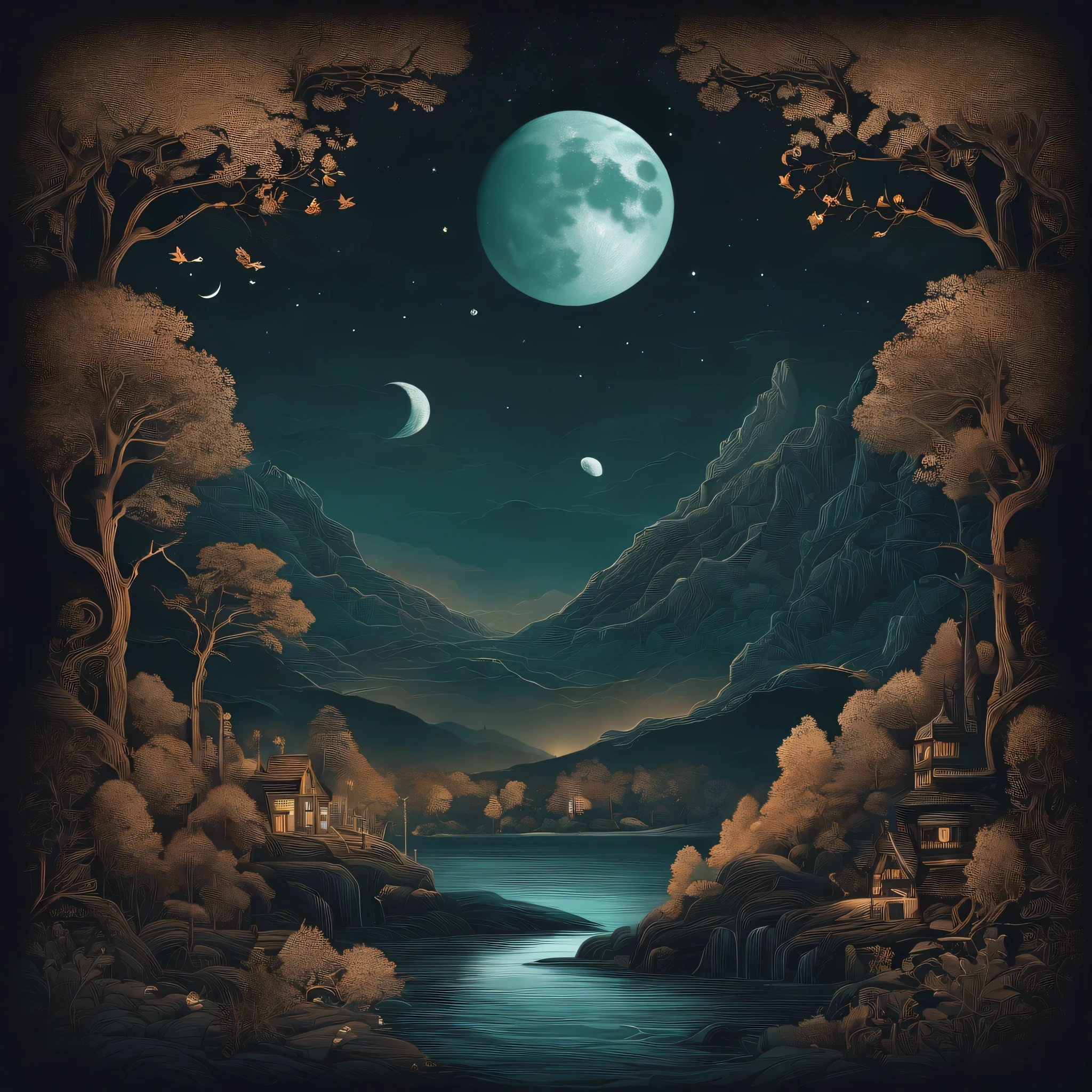 Moon cycles, On the right side of the paper is night, creepy, Complex Asian landscapes, Best Quality, Glittering, craola, by Dan Mumford, Andy Kehoe, 2D, Flat, Cute, Adorable, Vintage, Art on cracked paper, fairytale, Detailed illustration of the storybook, Cinematic, The ultra -The high-definition, detaile, Beautiful details, Mystical, luminism, Vibrant colors, Complex background ::n_ 。.3D, Framebook, Text, typo, low-quality, purah, 2 heads, 2faces, Tiling, poorly draw, ugliness, Poorly drawn face, Extra arms, Extra legs