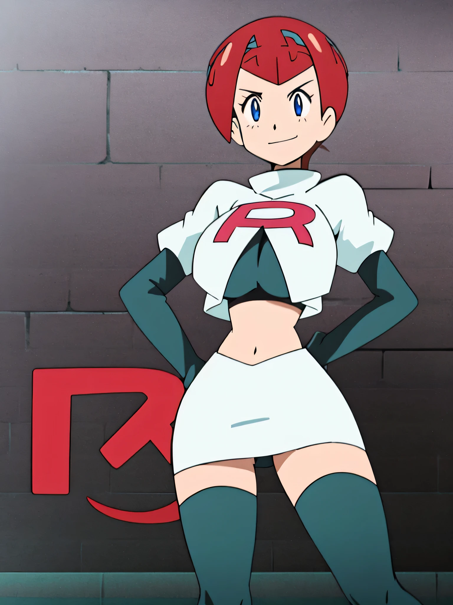 8k, anime screencap,1girl in, (solo:1.1), (perfect body:1.1), (best quality:1.1), very large breast, team rocket uniform, red letter r, white skirt,white crop top,black thigh-high boots, black elbow gloves, evil smile, looking down at viewer, hands on hips,zettai ryouiki,