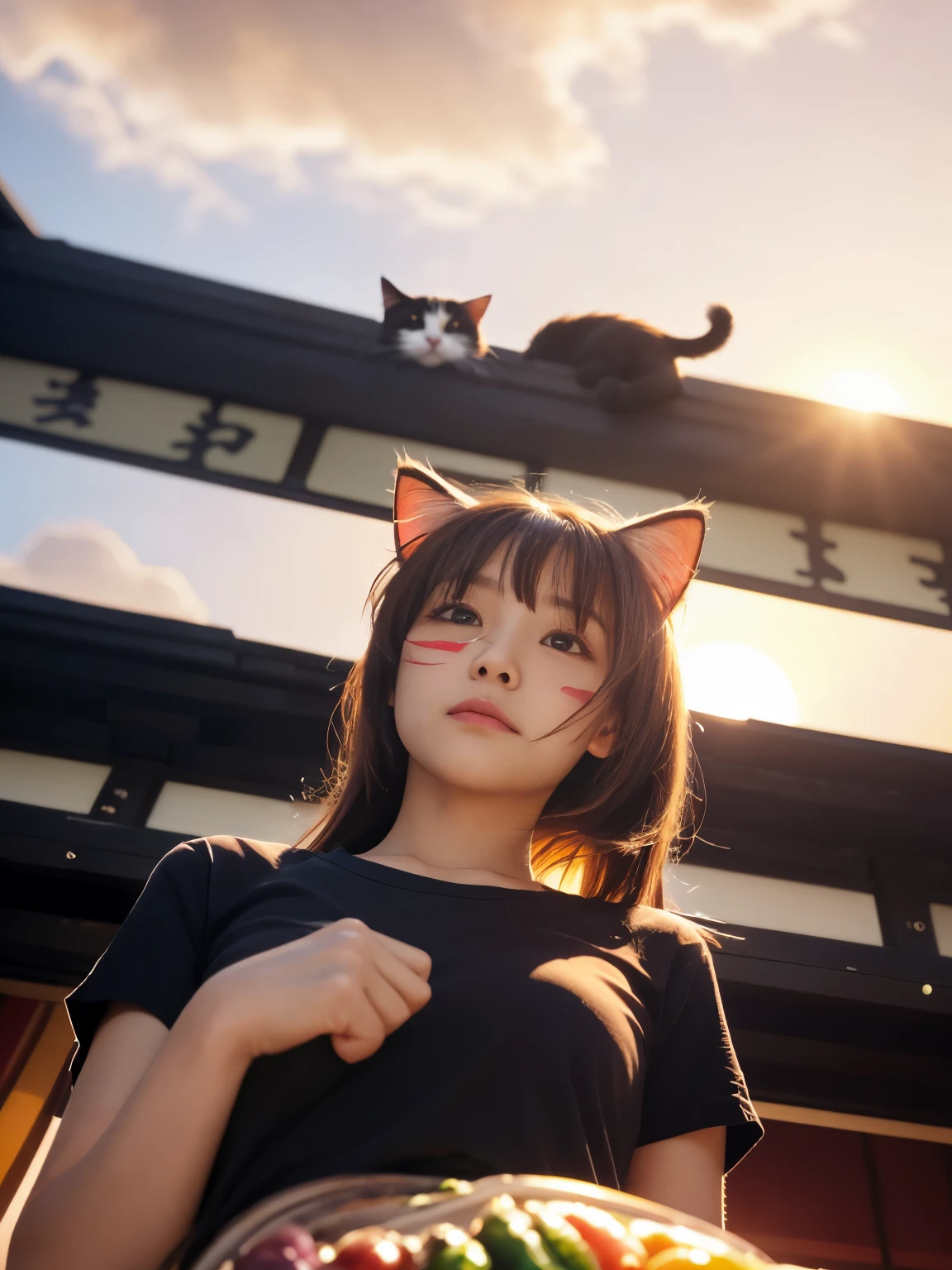 4K.HD. (Masterpiece, Best Quality, ) ,bokeh, a girl, Light brown beautiful hair, Light brown eyes, Plump breast, Blushed face, (cat ear:1.2), colourful t-shirt, (Japanese idle:1.6), holding a pretty cat, Looking at the viewer, (background is sunset main super market:1.4), (From below:1.6), cowboy shot