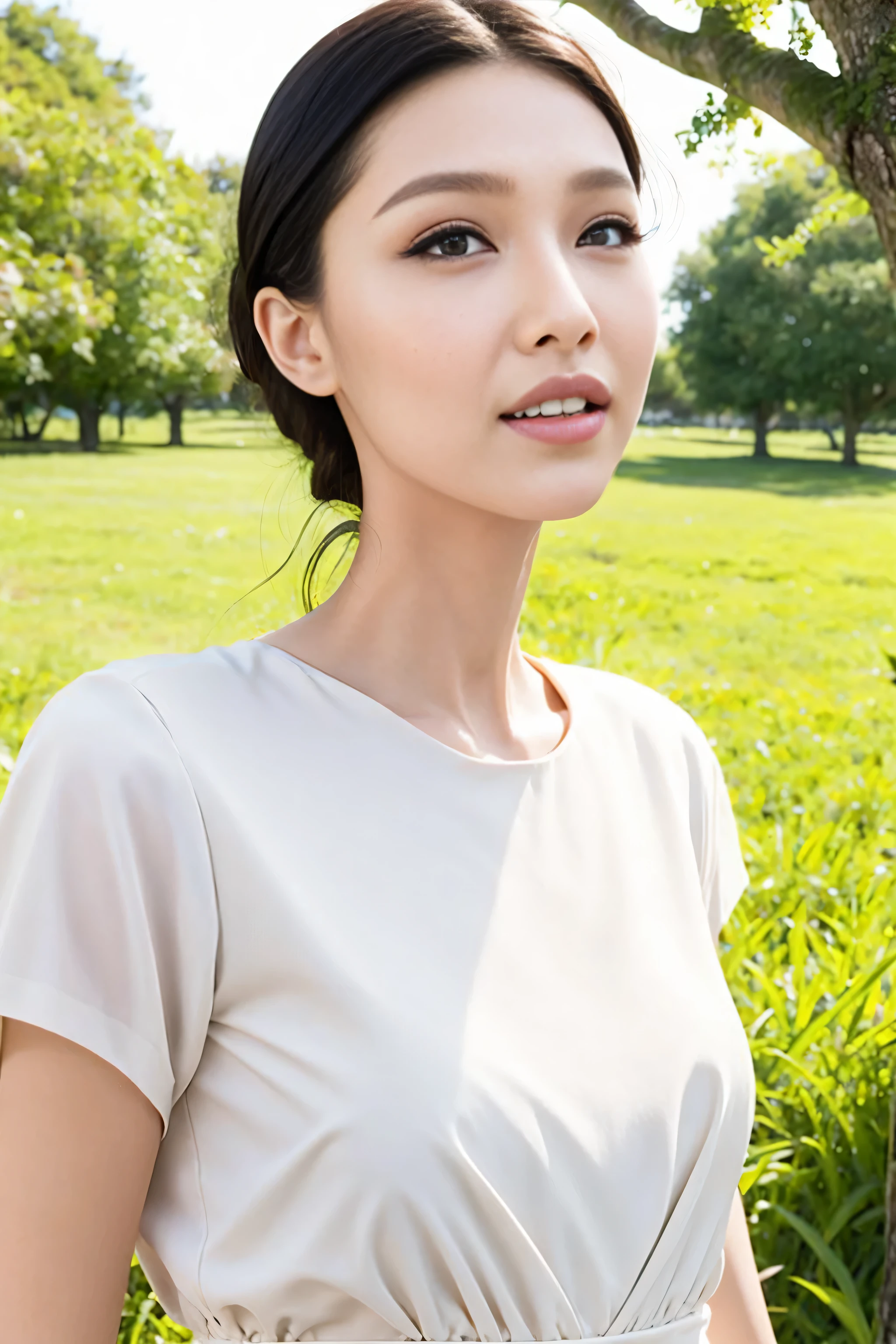 Fashion model 20 years old [[[[close up]]]], [[[[neck]]]], [[[[Shoulder]]]], perfect eyes, perfect iris，perfect lips，perfect teeth，perfect skin，White skin，Soft headlight，High density imaging review，long face，slender nose，long black hair，（Face is clear and delicate），white casual wear，The background is outdoor，green trees and grass，best quality，masterpiece，(((whole body image))),（pastel colors：1.2）