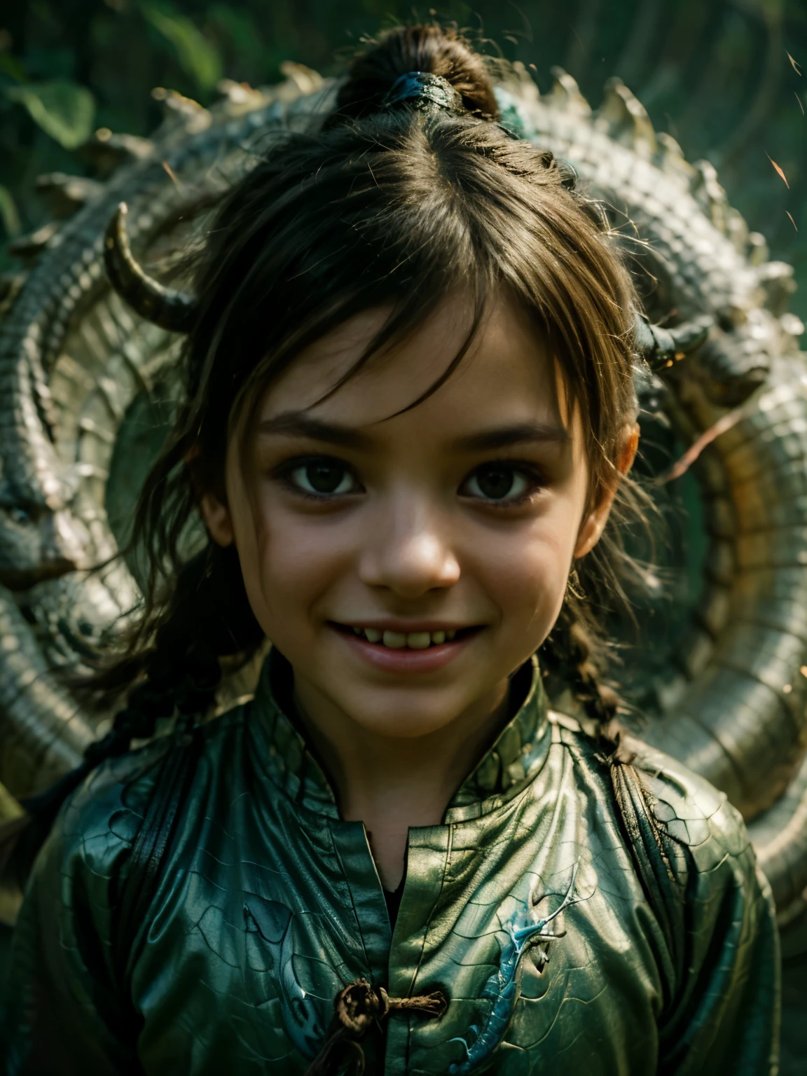 A ??? braidedponytail, Dragon horns, big scary dragon, realistic dragon, detail dragon, Colored Contact Lenses, Light smile, Tonalism, Motion blur, real ??? 4 years old, From above, 35mm, Sony FE GM, 16k, ultraHD, hyper-realistic
