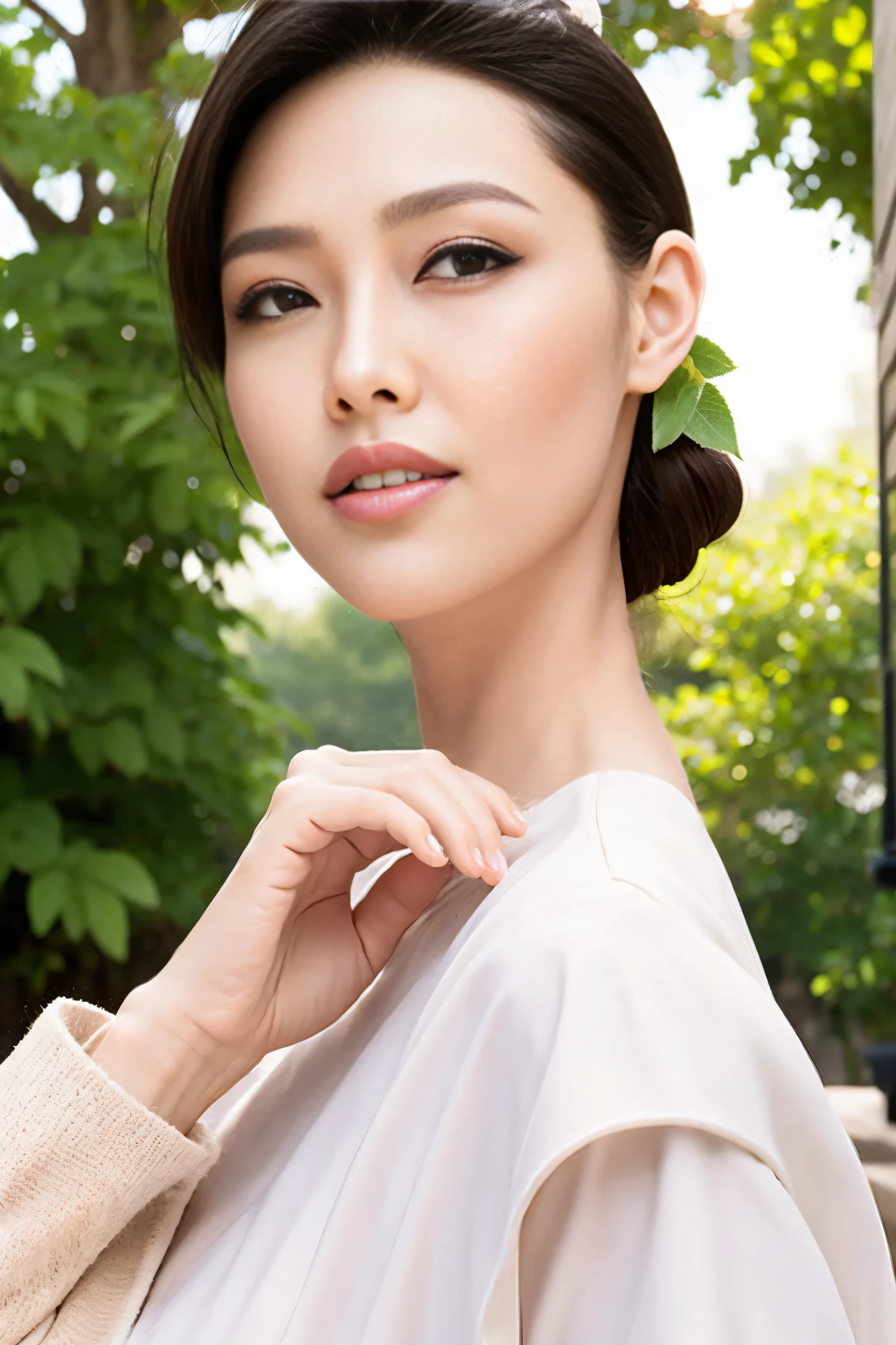 Fashion model 20 years old [[[[close up]]]], [[[[neck]]]], [[[[Shoulder]]]], perfect eyes, perfect iris，perfect lips，perfect teeth，perfect skin，White skin，Soft headlight，High density imaging review，long face，slender nose，long black hair，（Face is clear and delicate），white casual wear，The background is outdoor，green trees and grass，best quality，masterpiece，(((whole body image))),（pastel colors：1.2）