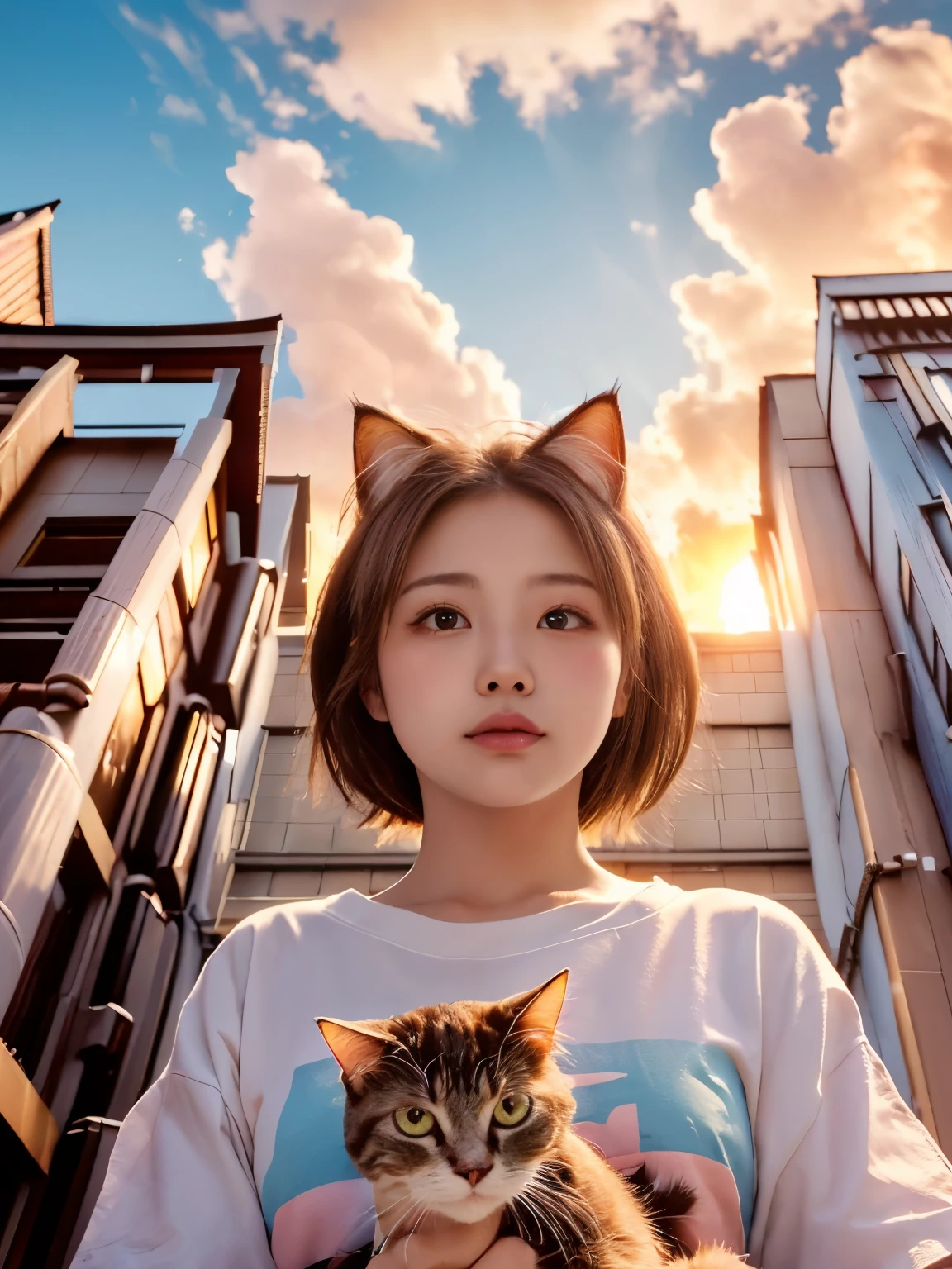 4K.HD. (Masterpiece, Best Quality, ) ,bokeh, a girl, Light brown beautiful hair, Light brown eyes, Plump breast, Blushed face, (cat ear:1.2), colourful t-shirt, (Japanese idle:1.6), holding a pretty cat, Looking at the viewer, (background is sunset wall street:1.4), (From below:1.6), cowboy shot