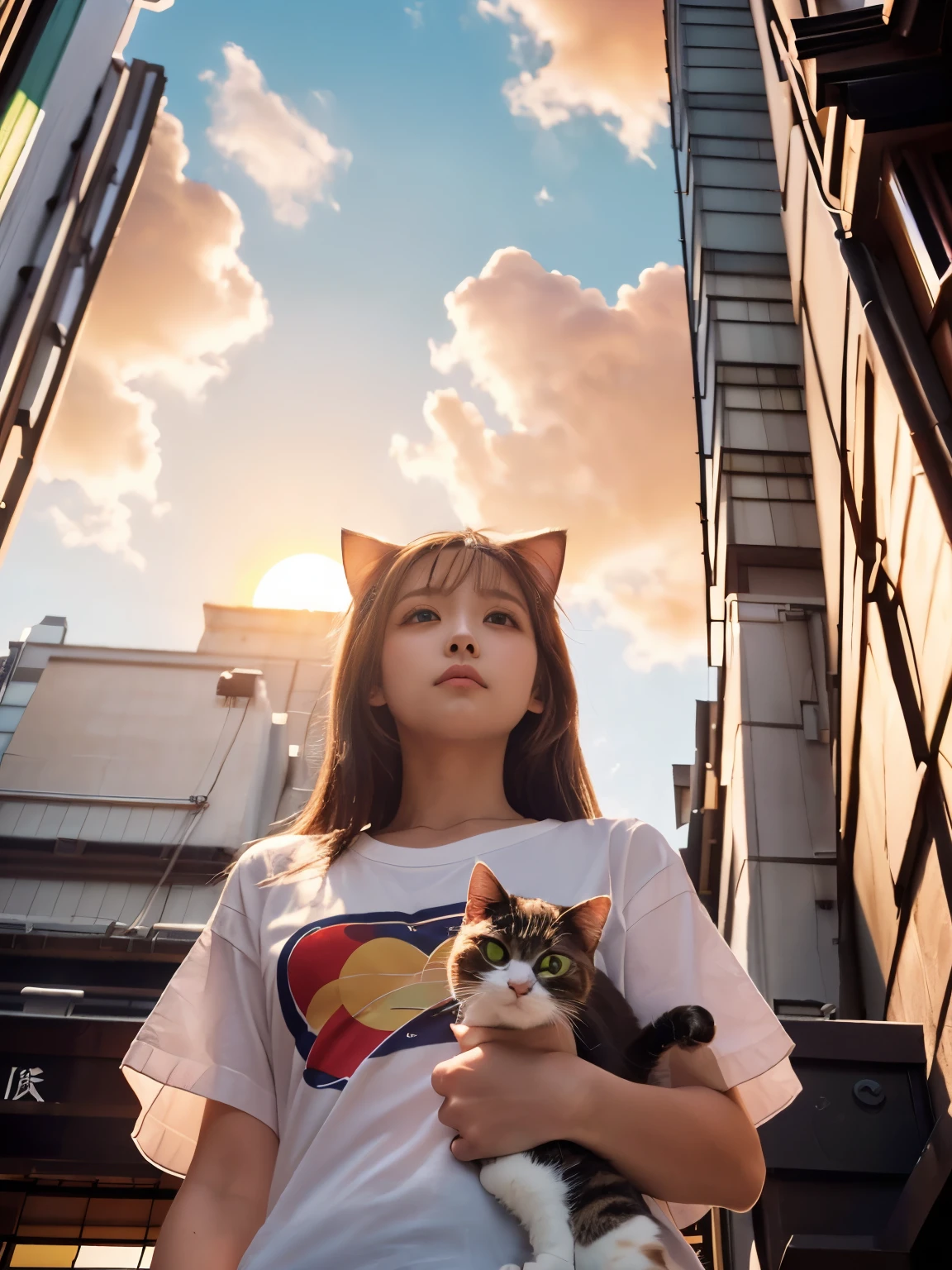 4K.HD. (Masterpiece, Best Quality, ) ,bokeh, a girl, Light brown beautiful hair, Light brown eyes, Plump breast, Blushed face, (cat ear:1.2), colourful t-shirt, (Japanese idle:1.6), holding a pretty cat, Looking at the viewer, (background is sunset wall street:1.4), (From below:1.6), cowboy shot