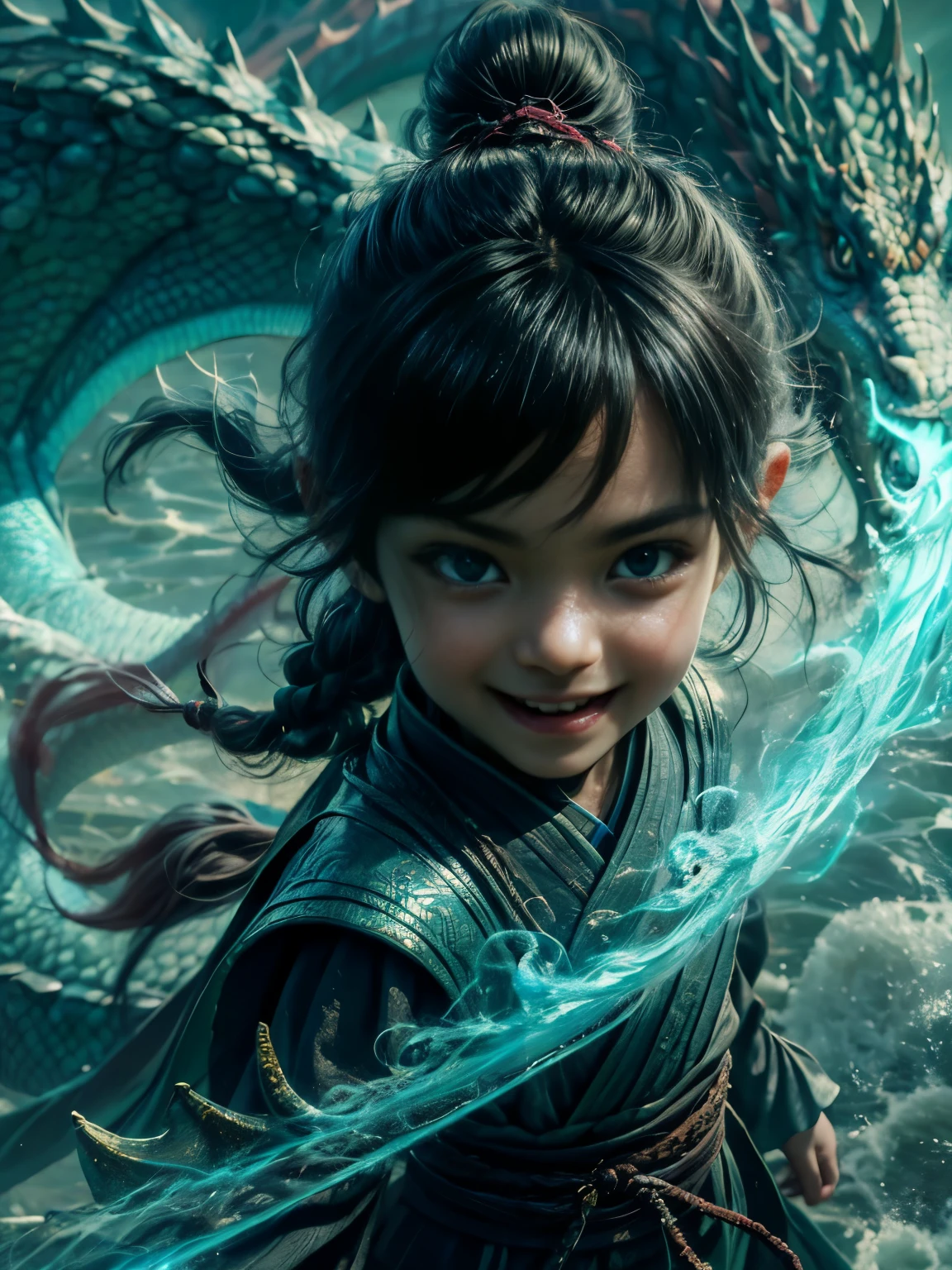 A braidedponytail, Dragon horns, big scary dragon, realistic dragon, detail dragon, Colored Contact Lenses, Light smile, Tonalism, Motion blur, real kidyears above, 35mm, Sony FE GM, 16k, ultraHD, hyper-realistic