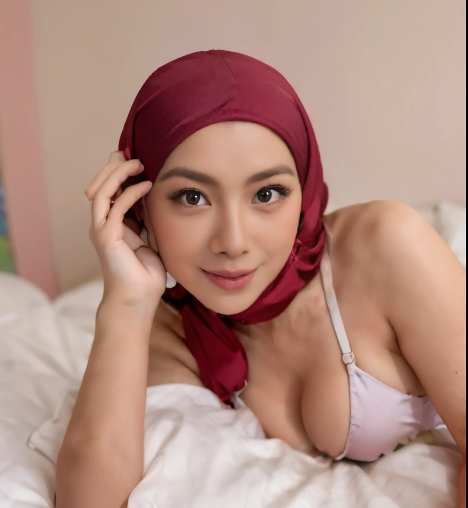 (k, RAW photo, masterpiecel1.4, realistic, photo-realistic, HD quality, best quality, 8k resolution, 2 beautiful malay girl, ((room background)), ((laying down a bed)), ((sleeping on a bed)), ((face viewing camera)), photo of a women girl with light red hijab, (lighting), ((big-breasted), ((perfect body)), ((soft smile face)), ((sexy seductive poses)), ((wearing sexy pastel satin bikini red)), ((erotic nipple)), ((milk cum on face))