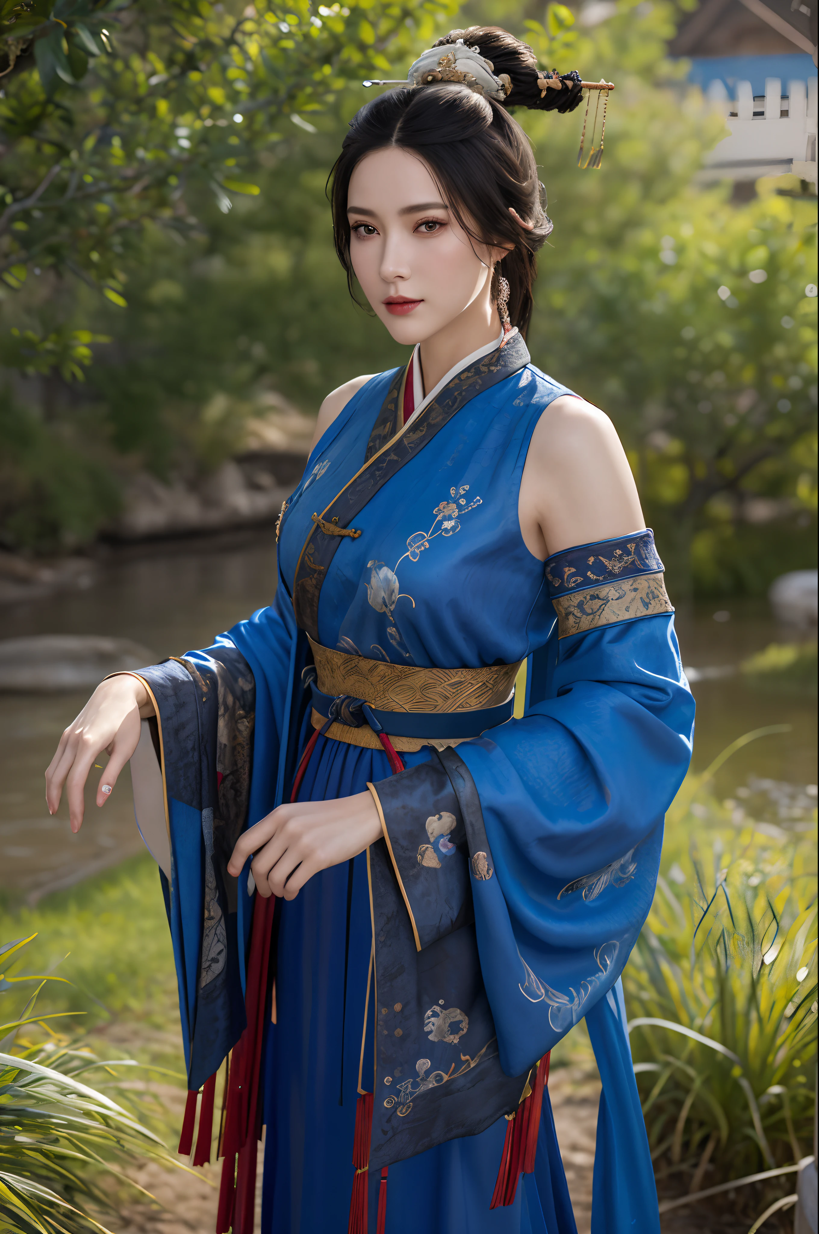 best quality,masterpiece,8k wallpaper,absurd, high resolution, Super detailed, (1 young beautiful girl, alone:1.1),actual,hair accessories, black hair,cowboy shooting, hair stick, Chinese clothes, skirt, view viewer, permanent, brown eyes, sash, jewelry,actual, Blue skirt.rest