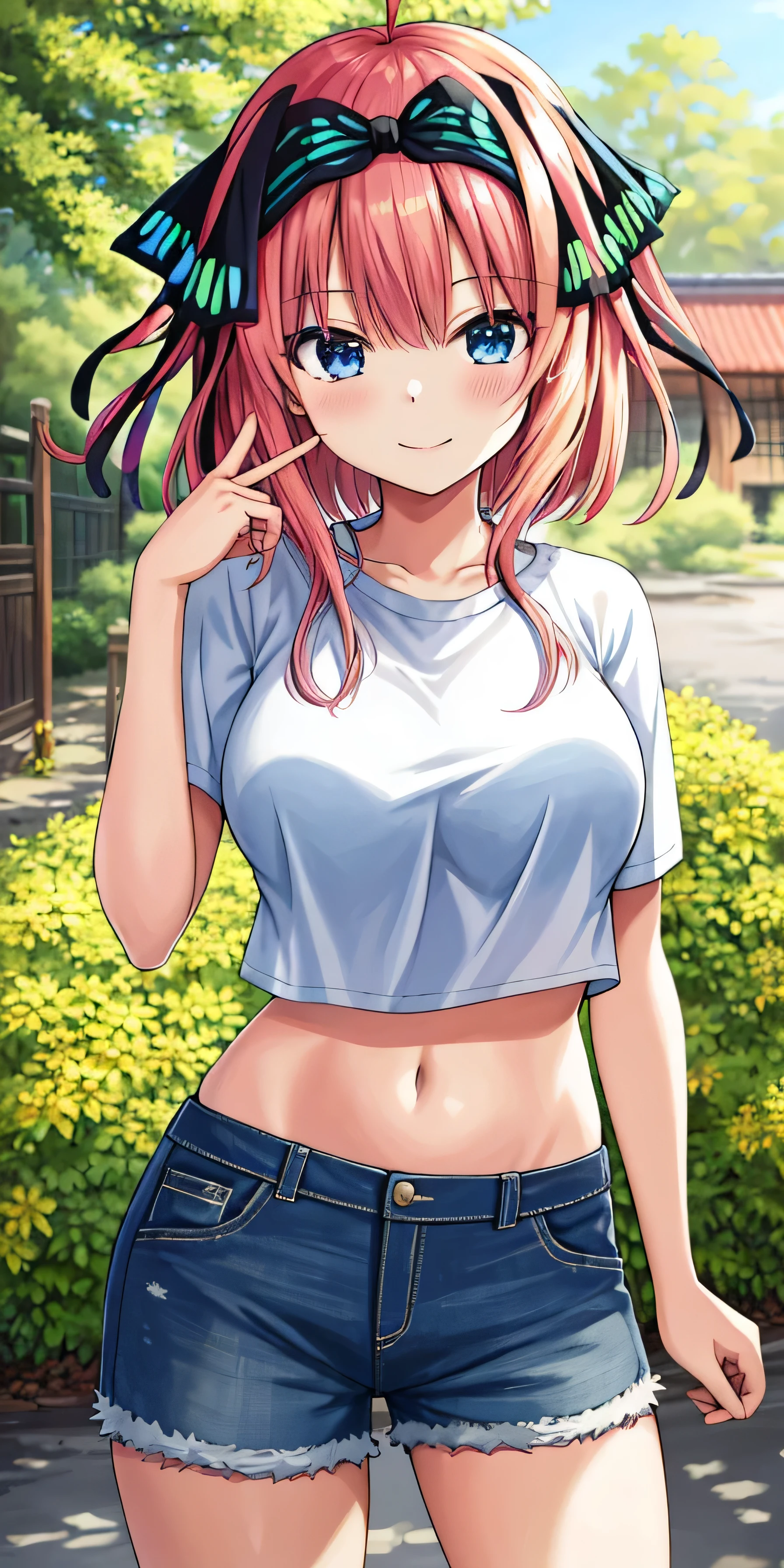 2d, masterpiece, best quality, anime, highly detailed, 1girl, solo, cowboy shot, nakano nino, pink hair, butterfly hair ornament, ((????? upper body)), ((Denim shorts)) , medium breasts, standing, school, outdoors, smug face