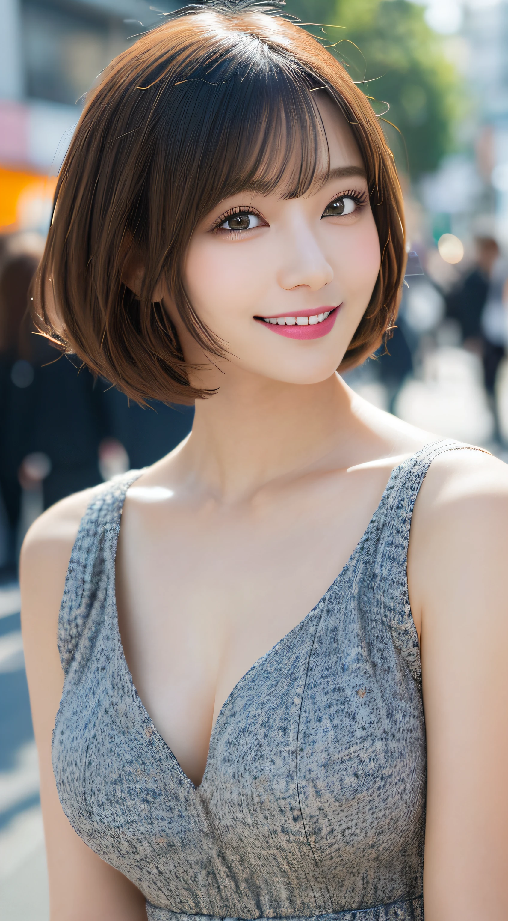 masutepiece, Best Quality, Illustration, Ultra-detailed, finely detail, hight resolution, 8K Wallpaper, Perfect dynamic composition, Beautiful detailed eyes, Women's Fashion Summer,Short bob hair,mid-chest, Natural Color Lip, Bold sexy poses,Smile,Harajuku、20 years girl、Cute、Sexy shot looking at camera