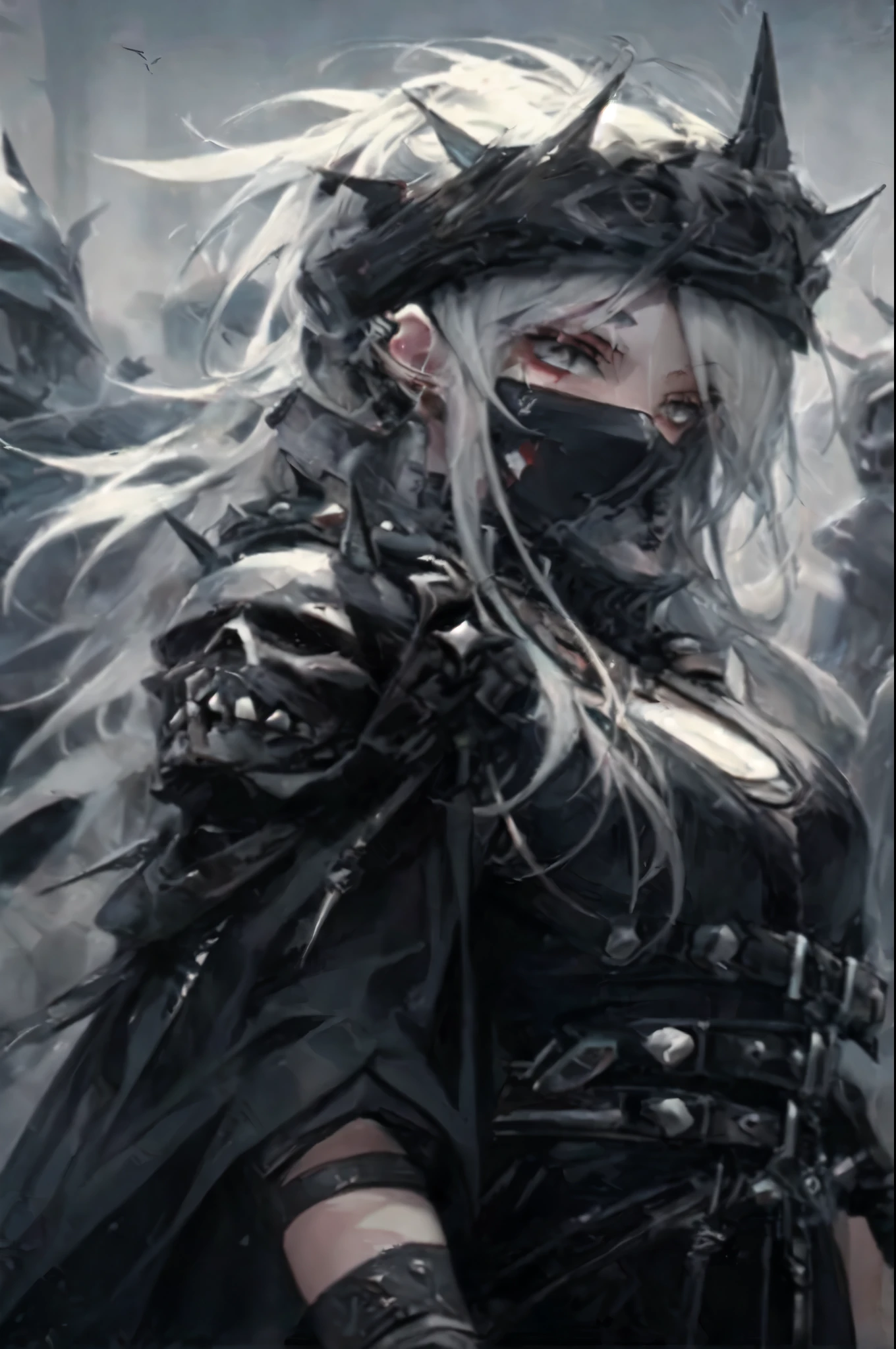 a close up of a person with a sword and a helmet, gothic - cyberpunk, by Yang J, anime skull portrait woman, hyper - goth, neo goth, by Shitao, beautiful necromancer, gothic maiden anime girl, beautiful necromancer girl, cyborg - girl with silver hair, holy cyborg necromancer girl, anime cyberpunk art