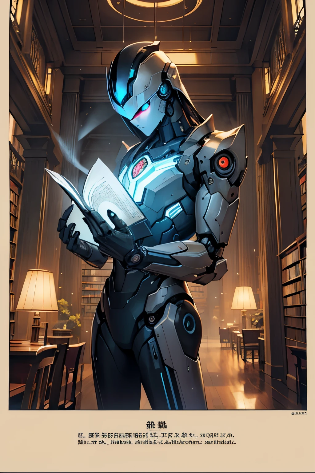 In the hushed sanctuary of the library, a sleek robot figure occupied a table, engrossed in the turn of pages of an ancient tome. Its metallic frame was subtle against the worn, wooden furniture, a stark contrast to the surrounding tranquility. With intricate circuits visible beneath its polished exterior, the robot's cold, unblinking eyes remained focused on the text, the book's spine slightly creased between its mechanical fingers. The air around it hummed faintly with the gentle whir of gears, a testament to its constant learning.