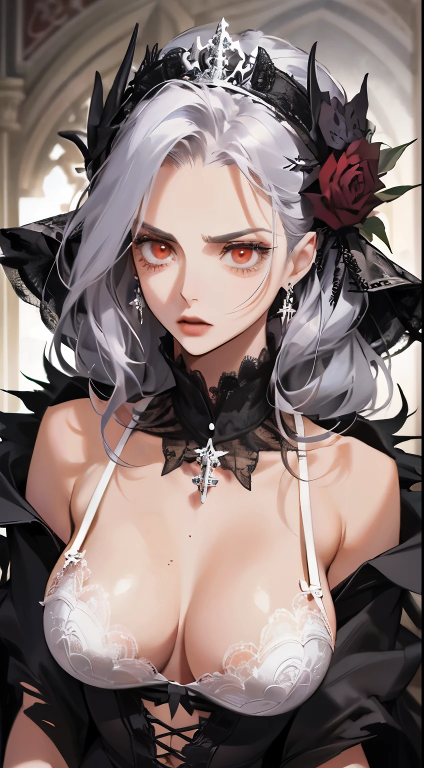 (best quality,high resolution:1.2),Super detailed,actual:1.37,a sexy, Mature and beautiful lady wearing black royal robe, Comes with lace lingerie, showing her angry expression, Close-up of her breasts, white hair, red eyes, and exposed her underwear