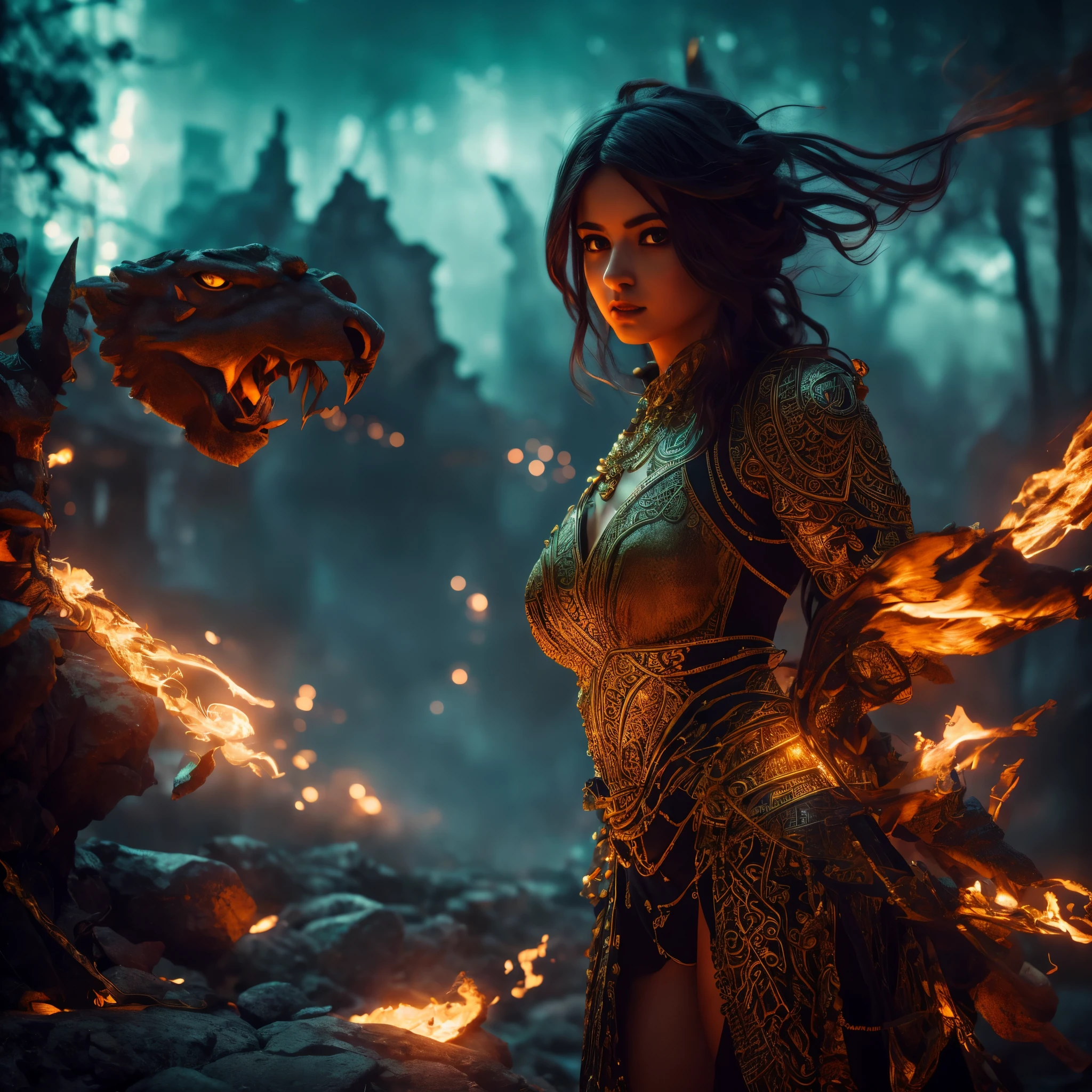 Stable Diffusion prompt: two sorceresses, big breasts, big hair, big hips, bejeweled bodies, henna mystic symbols, cast a ritual to summon a fiery tiger demon, set in ancient ruins, (best quality, 4k, 8k, highres, masterpiece:1.2), ultra-detailed, (realistic, photorealistic, photo-realistic:1.37), HDR, UHD, studio lighting, ultra-fine painting, sharp focus, physically-based rendering, extreme detail description, professional, vivid colors, bokeh, portraits, landscape, horror, anime, sci-fi, photography, concept artists, vibrant color palette, mystical light, eerie atmosphere