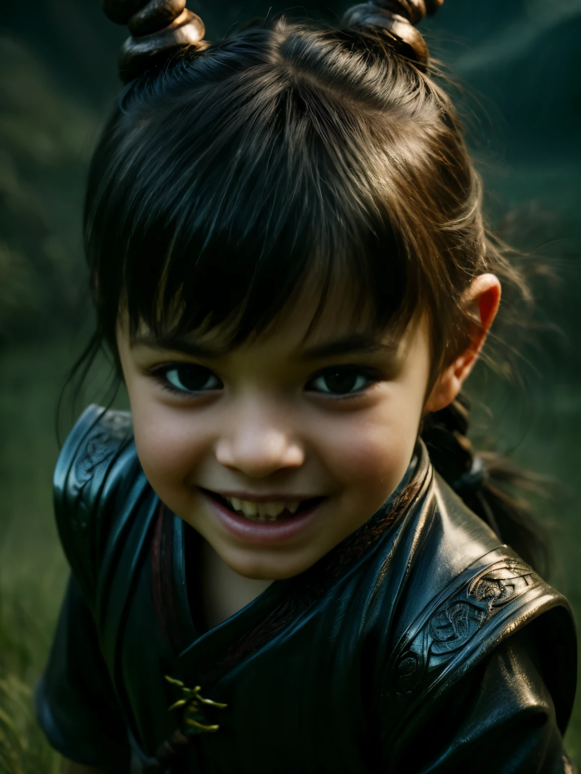 A  kid braidedponytail, Dragon horns, big scary dragon, realistic dragon, detail dragon, Colored Contact Lenses, Light smile, Tonalism, Motion blur, real kid ***********, From above, 35mm, Sony FE GM, 16k, ultraHD, hyper-realistic