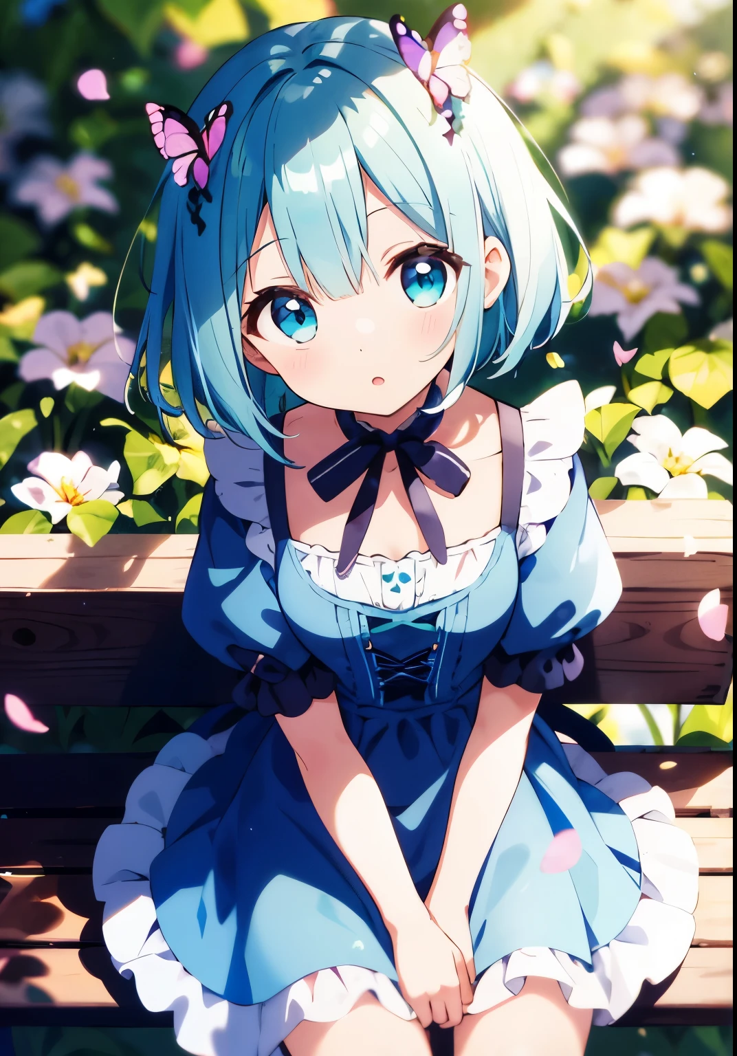 ((solo:1.2)),cute girl sitting on bench in garden,frilled dirndl,from above,looking up,cobblestone pavement,aqua hair,fine bob cut,(hair over one eye),(dappled sunlight:1.2),blurry,(depth of field:1.1),head tilt,:o,(petals),tree,butterfly