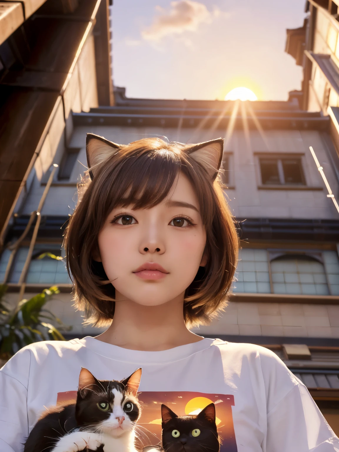 4K.HD. (Masterpiece, Best Quality, ) ,bokeh, a girl, Light brown beautiful hair, Light brown eyes, Plump breast, Blushed face, (cat ear:1.2), colourful t-shirt,  (Japanese idle:1.6), holding a pretty cat,   Looking at the viewer, (background is sunset wall street:1.4), (From below:1.6), cowboy shot