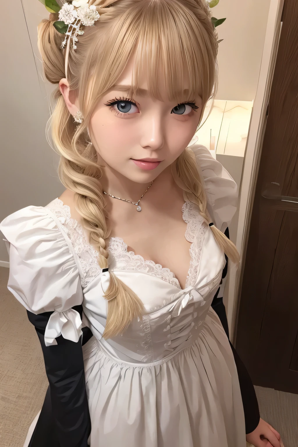 In maid clothes 、hair ornaments、whole body、Photo taken from below、one beautiful maid、((Blonde Up Style))、indoor